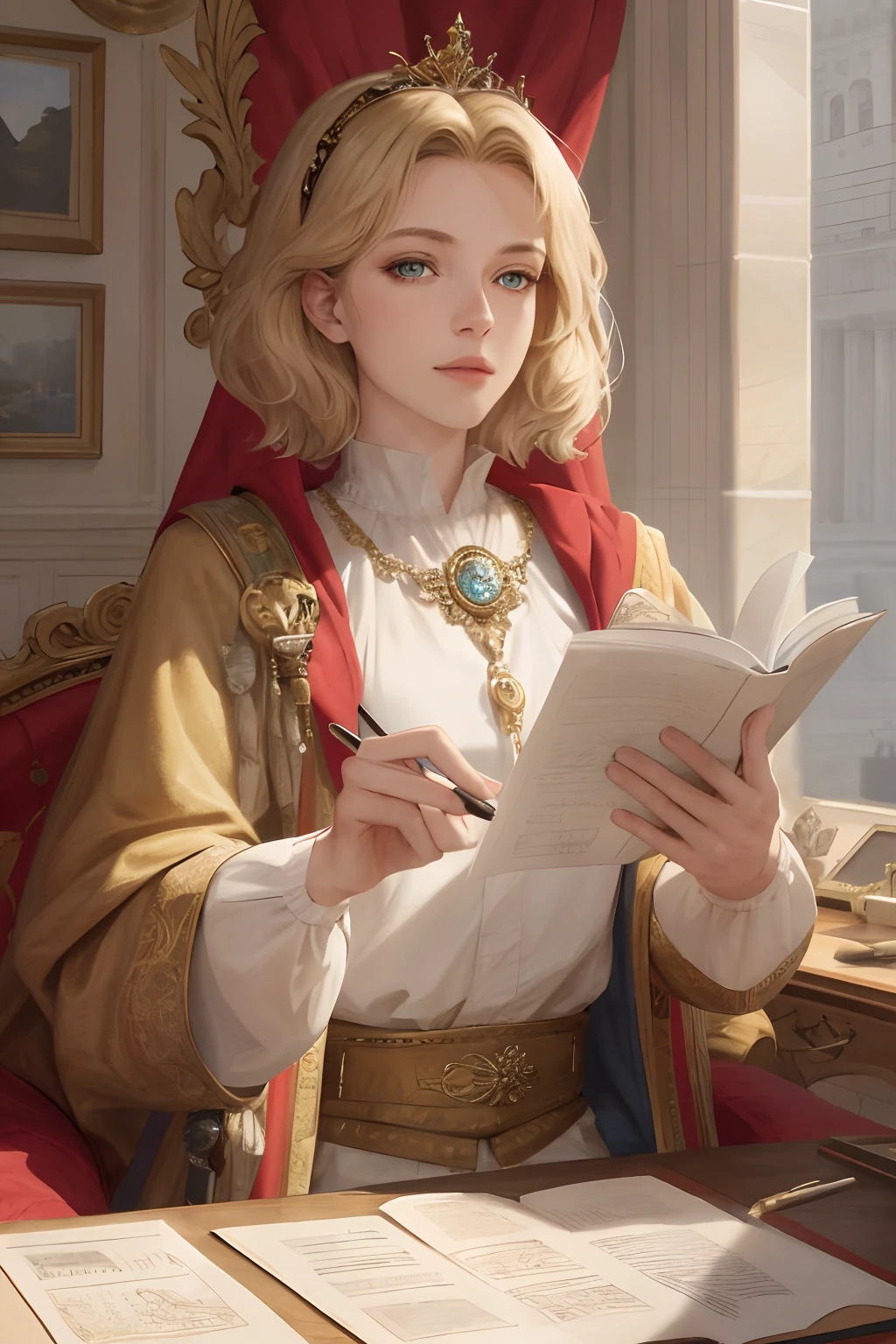 (Masterpiece: 1.2, Best Quality), Realistic, (Realistic Picture, Complex Details, Depth of Field), Best Quality, Masterpiece, Highly Detailed, Semi Realistic, 1 Girl, Mature Female, 21 Years Old, Blond Hair, Shoulder length Short Hair, Left Eye Covered with Hair, Blue Eyes, King's Clothes, Red Cloak, Slim Figure, Crown Made of Precious Gold, Reading Documents, Marking Documents, Goose Hair Pen, Office Table, Soft Bench, Palace, In the palace, during the Middle Ages