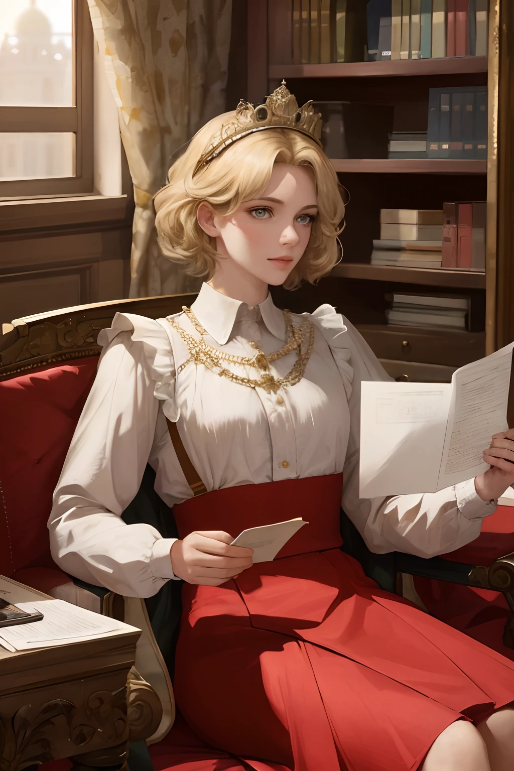 (Masterpiece: 1.2, Best Quality), Realistic, (Realistic Picture, Complex Details, Depth of Field), Best Quality, Masterpiece, Highly Detailed, Semi Realistic, 1 Girl, Mature Female, 21 Years Old, Blond Hair, Shoulder length Short Hair, Left Eye Covered with Hair, Blue Eyes, King's Clothes, Red Cloak, Slim Figure, Crown Made of Precious Gold, Reading Documents, Marking Documents, Goose Hair Pen, Office Table, Soft Bench, Palace, In the palace, during the Middle Ages