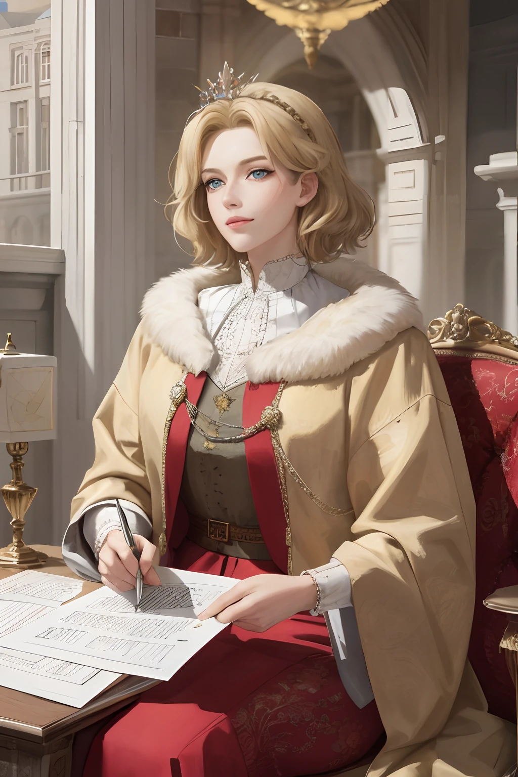 (Masterpiece: 1.2, Best Quality), Realistic, (Realistic Picture, Complex Details, Depth of Field), Best Quality, Masterpiece, Highly Detailed, Semi Realistic, 1 Girl, Mature Female, 21 Years Old, Blond Hair, Shoulder length Short Hair, Left Eye Covered with Hair, Blue Eyes, King's Clothes, Red Cloak, Slim Figure, Crown Made of Precious Gold, Reading Documents, Marking Documents, Goose Hair Pen, Office Table, Soft Bench, Palace, In the palace, during the Middle Ages