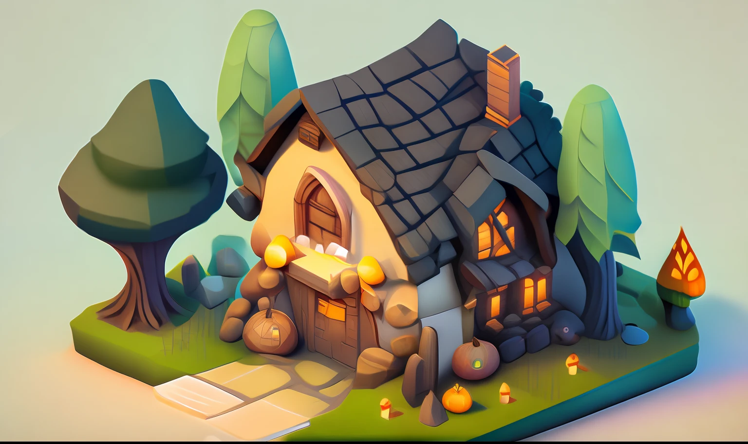 Isometric House, cartoon, Primitive Man, Magic House, broom, Jack-o-Lanterns, vines, thorns, wood, stone, game asset style, ((Low polygon)), isometric, white background, flat, 3D rendering, oc rendering, best quality, 4k, roof covered with tiles, hand painted, intricate design