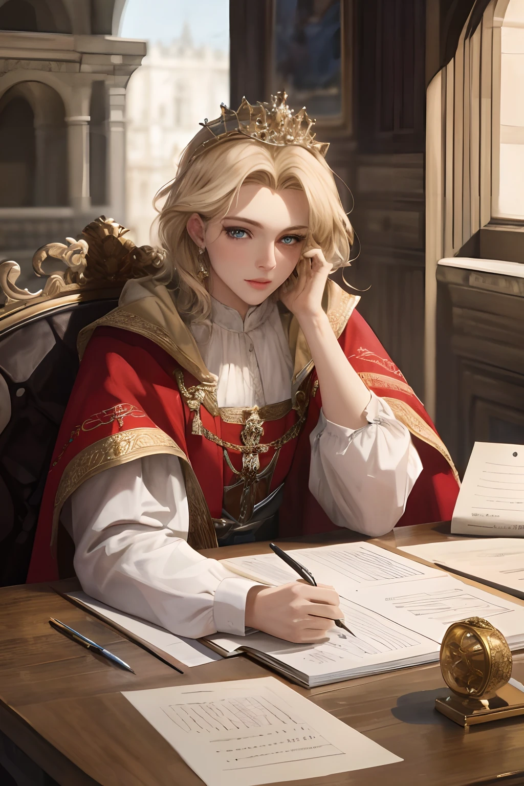 (Masterpiece: 1.2, Best Quality), Realistic, (Realistic Picture, Complex Details, Depth of Field), Best Quality, Masterpiece, Highly Detailed, Semi Realistic, 1 Girl, Mature Female, 21 Years Old, Blond Hair, Shoulder length Short Hair, Left Eye Covered with Hair, Blue Eyes, King's Clothes, Red Cloak, Slim Figure, Crown Made of Precious Gold, Reading Documents, Marking Documents, Goose Hair Pen, Office Table, Soft Bench, Palace, In the palace, during the Middle Ages