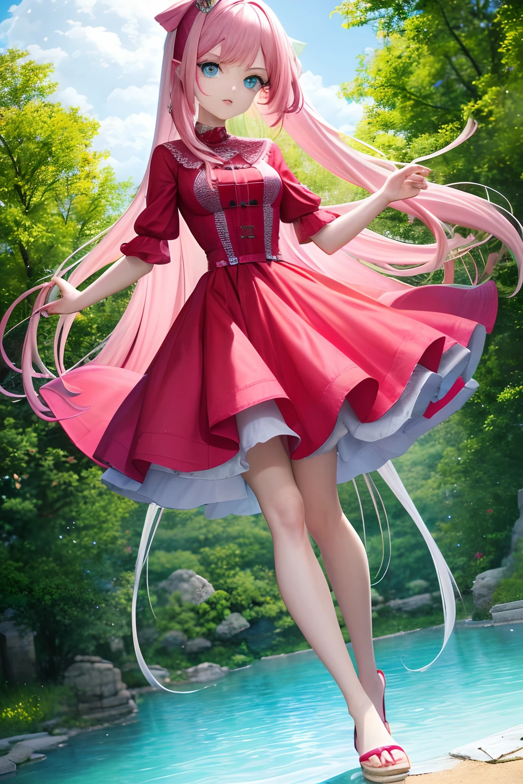 absurdres, 1girl, blue eyes,longeyelashes,hime_cut,pink lucency full dress,bare_legs,Detailed,Bright,Wonderland