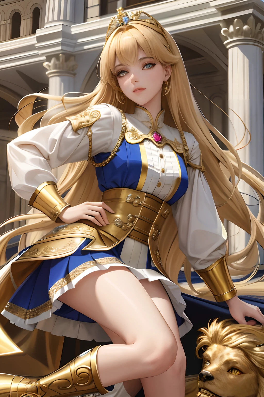 8k, best quality, masterpiece, highly detailed, semi realistic, 1 girl, young female, 19 years old, golden long hair, right eye covered by Bangs, blue right eye, jewelry crown, palace style white and gold short skirts, golden iron boots, slim figure, holding a sword, right eye covered by Bangs, right eye covered by Bangs