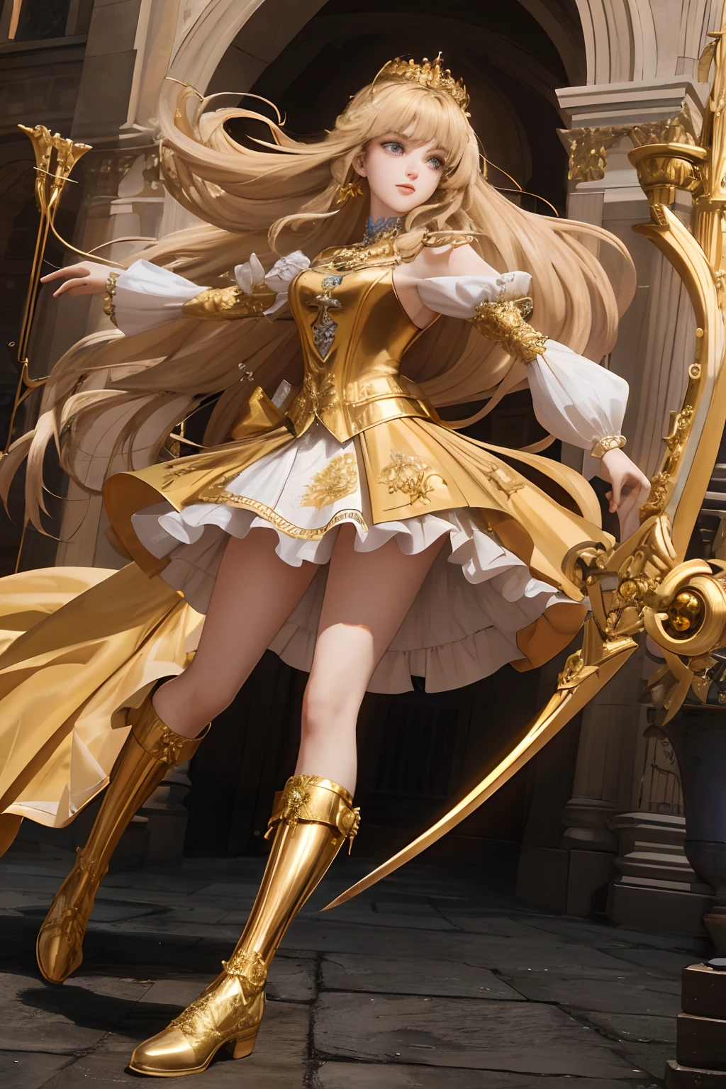 8k, best quality, masterpiece, highly detailed, semi realistic, 1 girl, young female, 19 years old, golden long hair, right eye covered by Bangs, blue right eye, jewelry crown, palace style white and gold short skirts, golden iron boots, slim figure, holding a sword,Bow and arrow, holding a bow and arrow, shooting arrows,