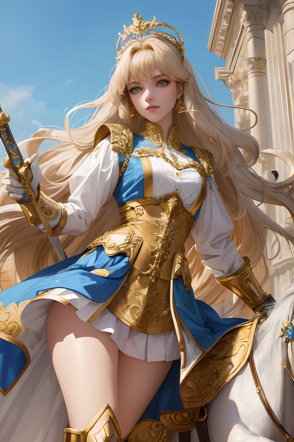 8k, best quality, masterpiece, highly detailed, semi realistic, 1 girl, young female, 19 years old, golden long hair, right eye covered by Bangs, blue right eye, jewelry crown, palace style white and gold short skirts, golden iron boots, slim figure, holding a sword,
