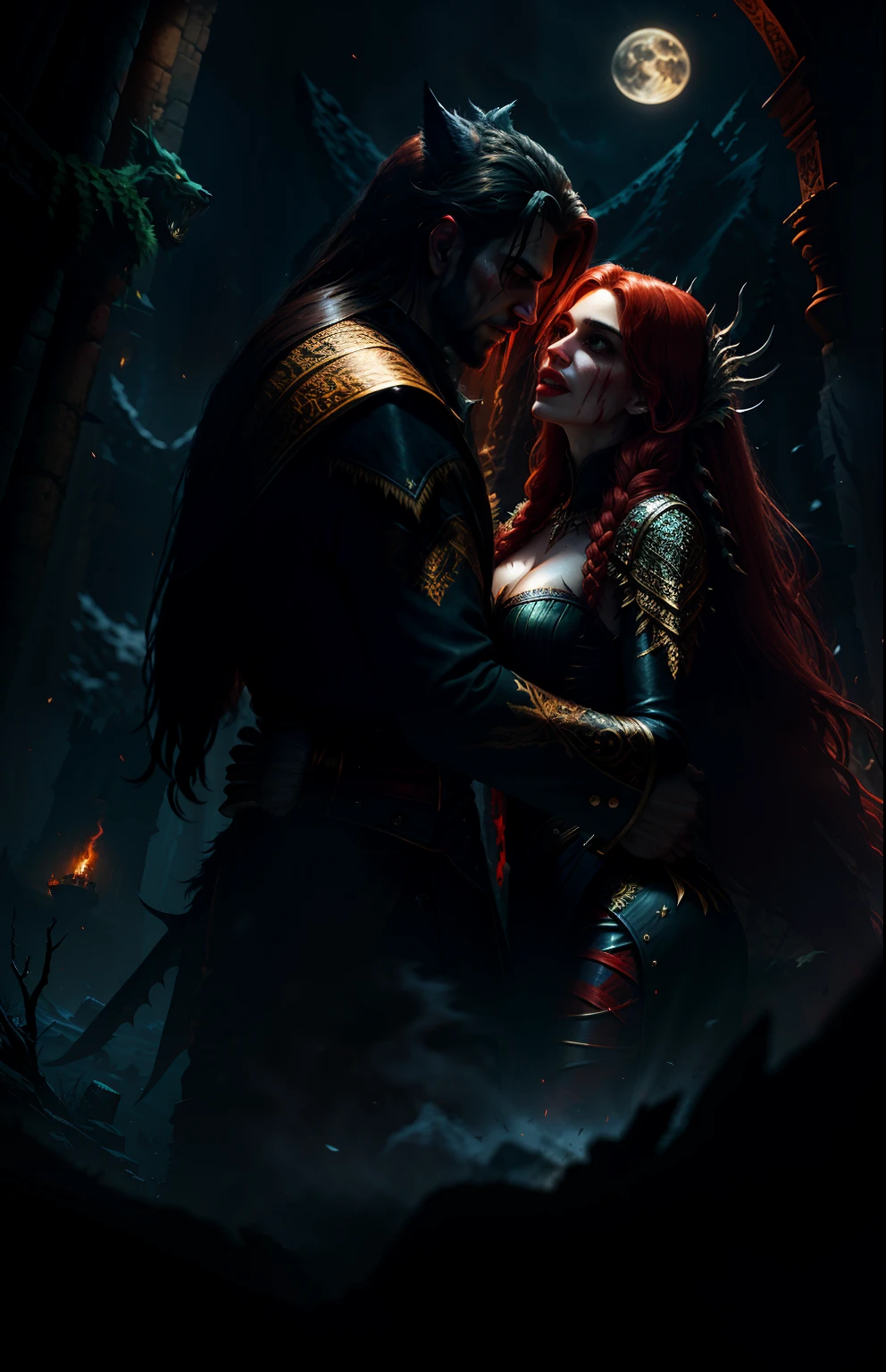 Movie scenes, (full-body close-up, long straight red hair), wearing (modern killer suit, complex totem logo), (hands with claws), (splattered with blood: 1.1), wounds, red war paint makeup, in a well-lit vampire forest), wolf, torch, (horse falling to the ground: 1.1), The savage werewolf and the beautiful female vampire dance together in the castle under the moon,intricate detail, highly detailed, volumetric lighting, 4k rendering, stock photo, ultra-realistic, realistic textures, dramatic lighting, depth of field, film