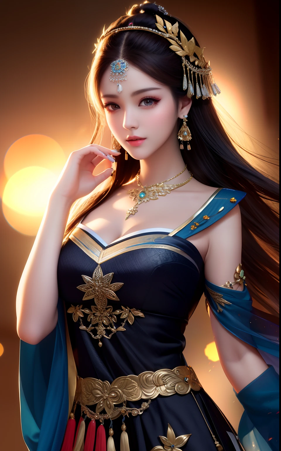 best quality, masterpiece, highres, 1girl,china dress,hair ornament,necklace, jewelry,Beautiful face,upon_body, tyndall effect,photorealistic, dark studio, rim lighting, two tone lighting,(high detailed skin:1.2), 8k uhd, dslr, soft lighting, high quality, volumetric lighting, candid, Photograph, high resolution, 4k, 8k, Bokeh
