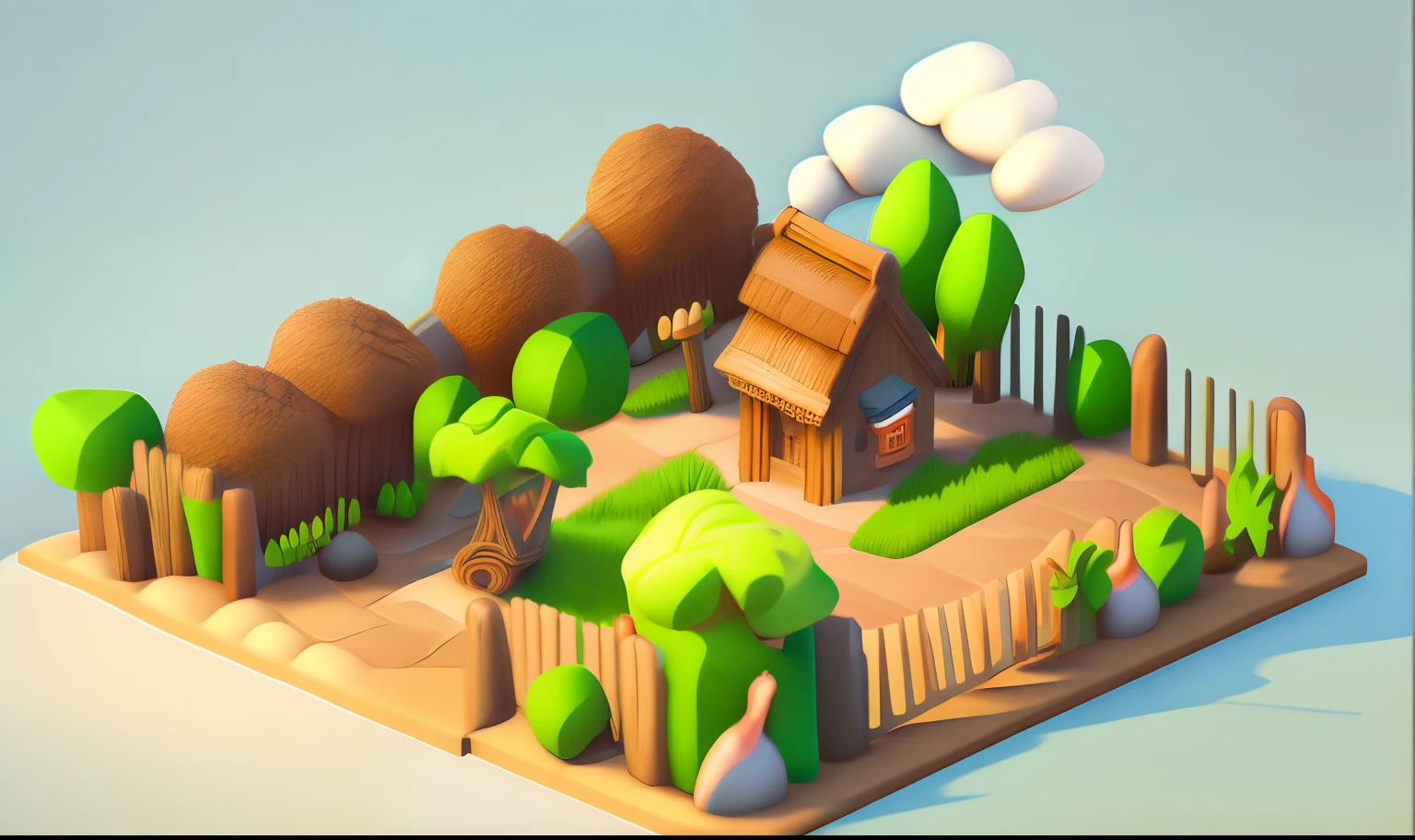 Cartoon, primitive man, farmland full of vegetables, wooden fence, wood, stone, game asset style, ((low polygon)), isometric, white background, flat, 3D rendering, oc rendering, best quality, 4k, roof covered in tiles, hand painted, complex set