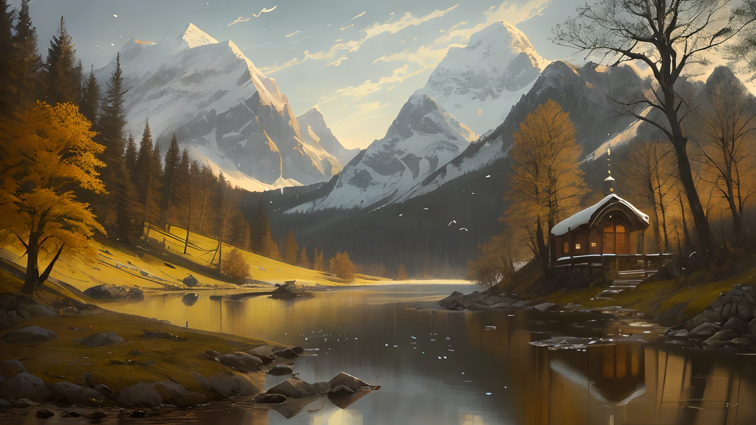 a beautifully designed chapel in the middle of a serene mountain landscape, snowy peaks adorn the quiet forest landscape, professional majestic oil painting by Ed Blinkey, Atey Ghailan, Studio Ghibli, by Jeremy Mann, Greg Manchess, Antonio Moro, trending on ArtStation, trending on CGSociety, Intricate, High Detail, Sharp focus, dramatic, photorealistic painting art by midjourney and greg rutkowski, Style-Glorious, small creek, warm and sunny, light rays, fireflies, Style-Petal