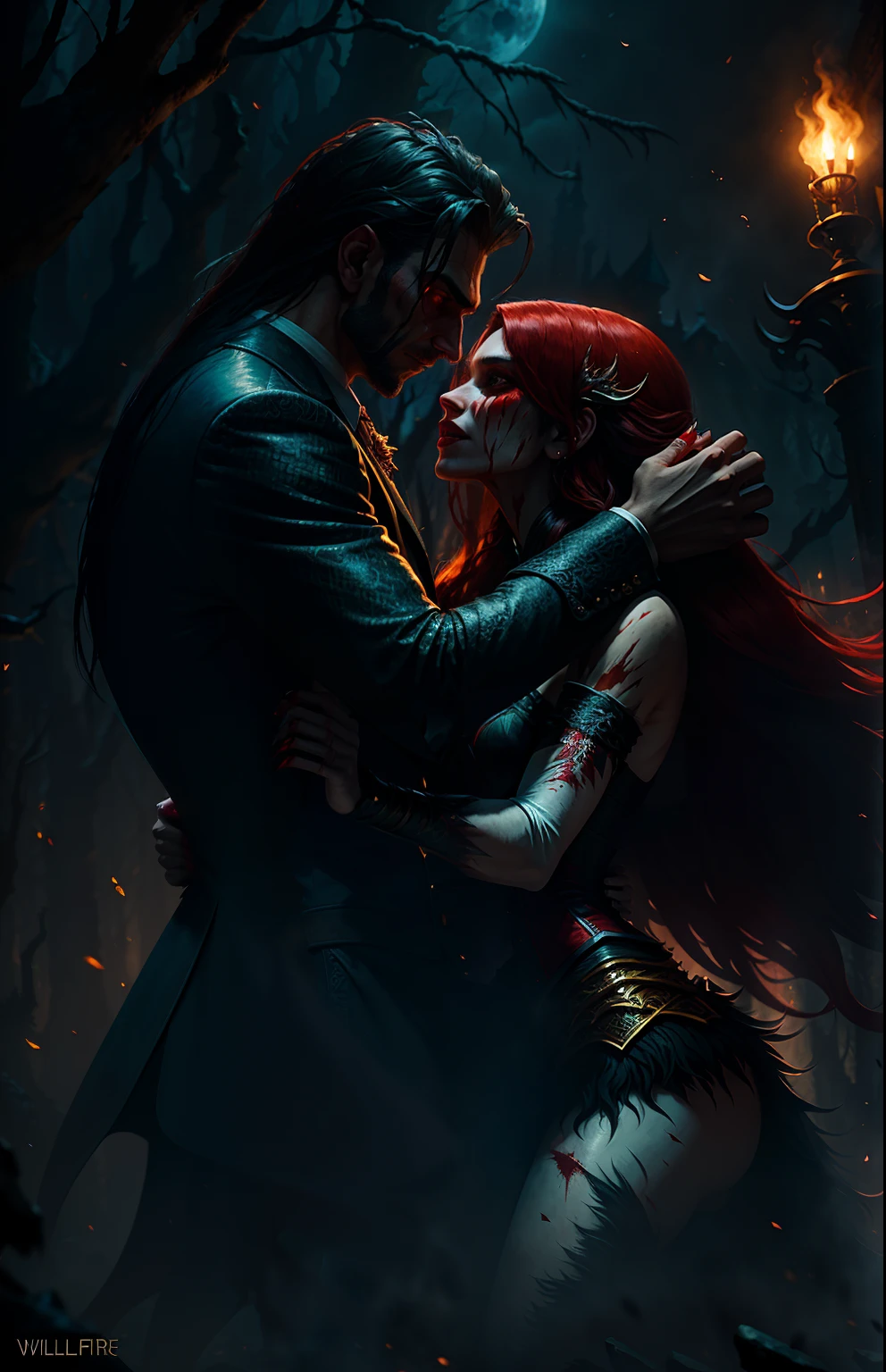 Movie scenes, (full-body close-up, long straight red hair), wearing (modern killer suit, complex totem logo), (hands with claws), (splattered with blood: 1.1), wounds, red war paint makeup, in a well-lit vampire forest), wolf, torch, (horse falling to the ground: 1.1), The savage werewolf and the beautiful female vampire dance together in the castle under the moon,intricate detail, highly detailed, volumetric lighting, 4k rendering, stock photo, ultra-realistic, realistic textures, dramatic lighting, depth of field, film