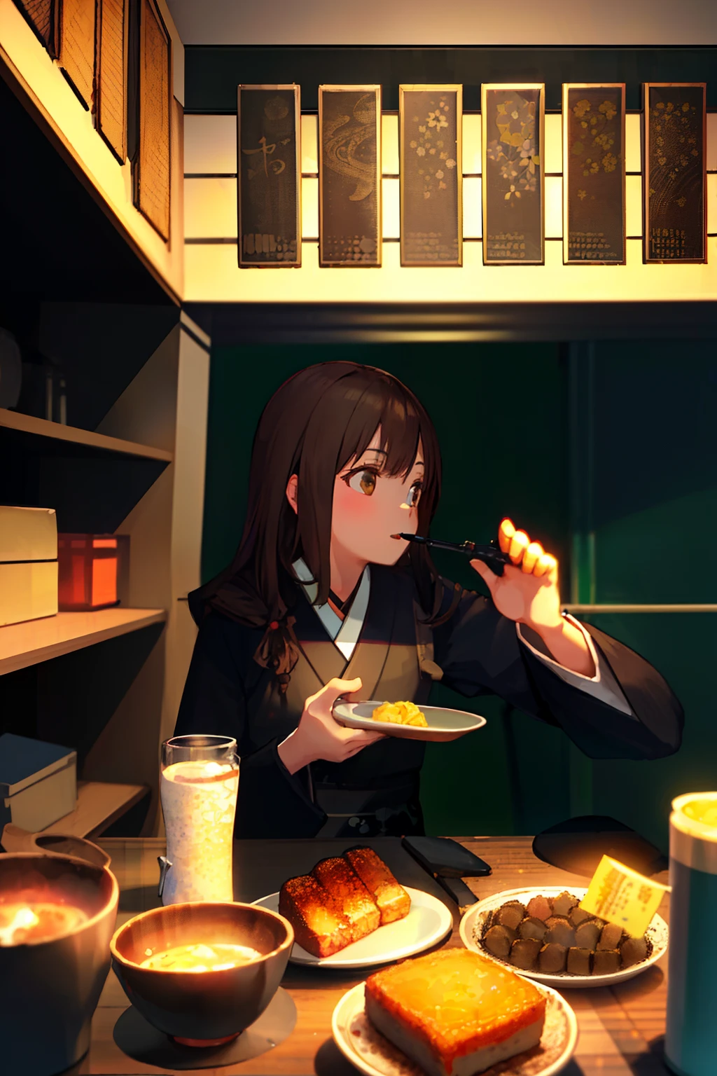 ((masterpiece,best quality)),1girls, black kimono,Look ahead,Brown hair,Black pail stockings