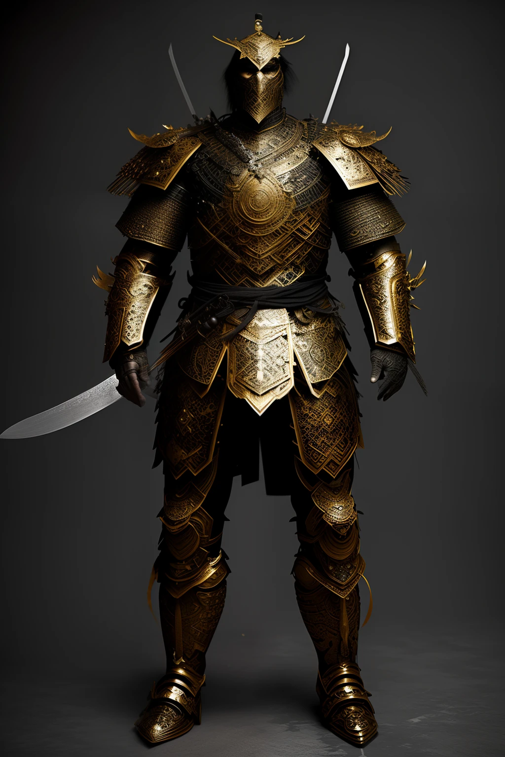 (full body:1.3),(old male:1.3),human,(warrior:1.3),black and gold intricate (heavy armor:1.3),samurai,very detailed skin,very detailed eyes,intense look,(dark and moody universe:1.3),light particle,