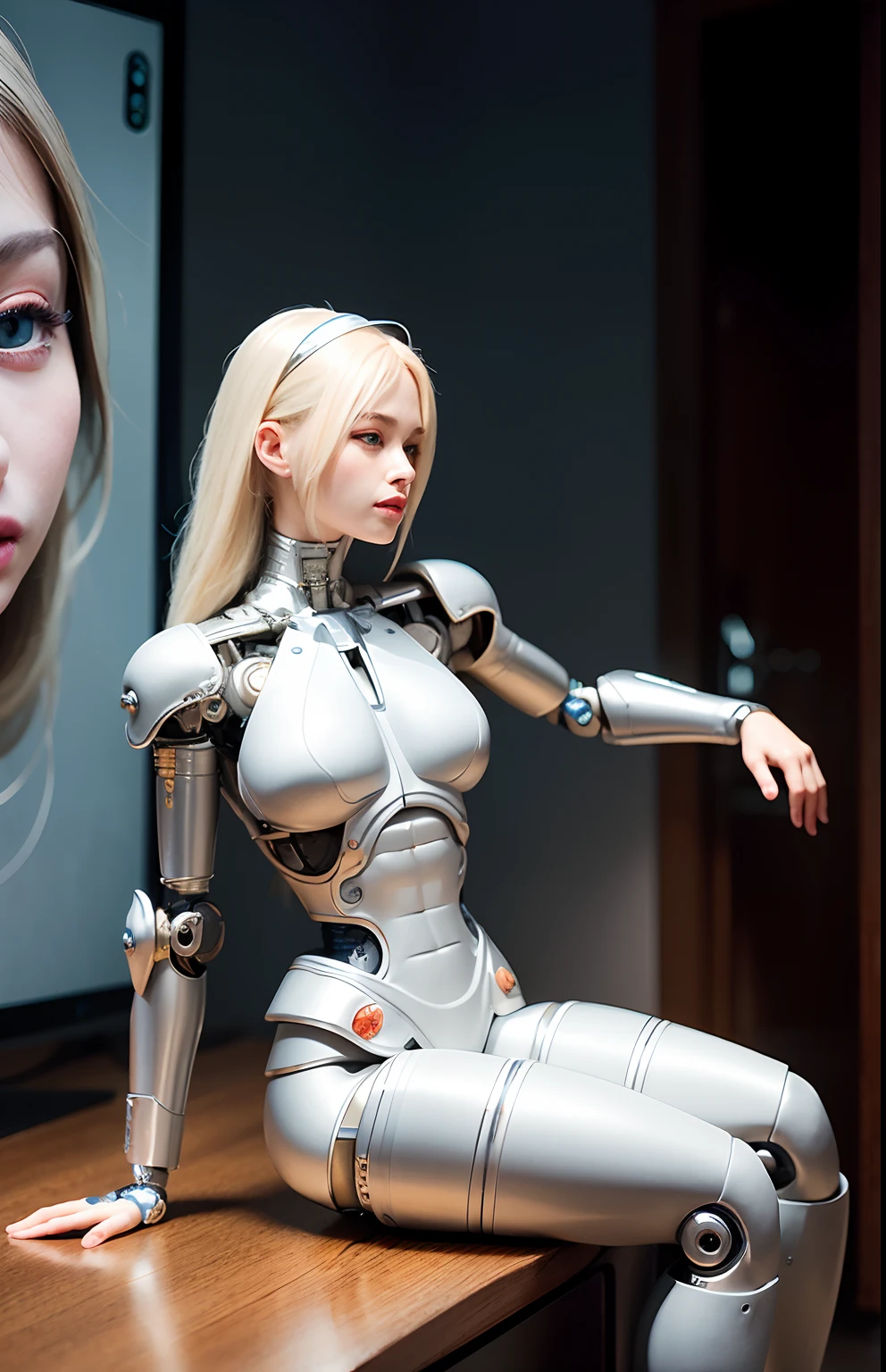 complex 3d render ultra detailed of a beautiful porcelain profile woman android face, cyborg, robotic parts, 150 mm, beautiful studio soft light, rim light, vibrant details, luxurious cyberpunk, lace, hyperrealistic, anatomical, facial muscles, cable electric wires, microchip, elegant, beautiful background, octane render, H. R. Giger style, 8k, best quality, masterpiece, illustration, an extremely delicate and beautiful, extremely detailed ,CG ,unity ,wallpaper, (realistic, photo-realistic:1.37),Amazing, finely detail, masterpiece,best quality,official art, extremely detailed CG unity 8k wallpaper, absurdres, incredibly absurdres, robot, silver halmet, full body, sitting