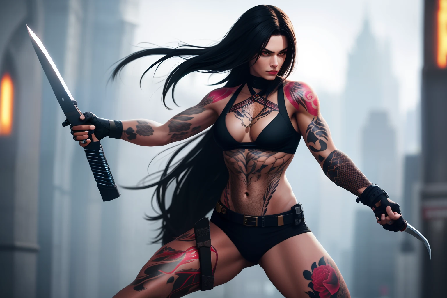 Modern Ninja female European and American long hair arm tattoos carrying weapons realistic full body 8k cinematic, dof, lightroom
