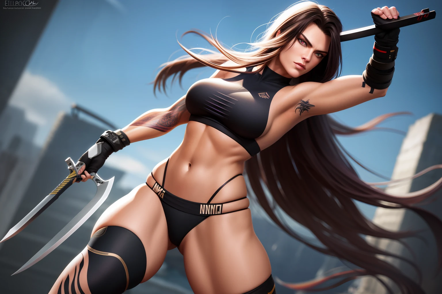 Modern Ninja female European and American long hair arm tattoos carrying weapons realistic full body 8k cinematic, dof, lightroom