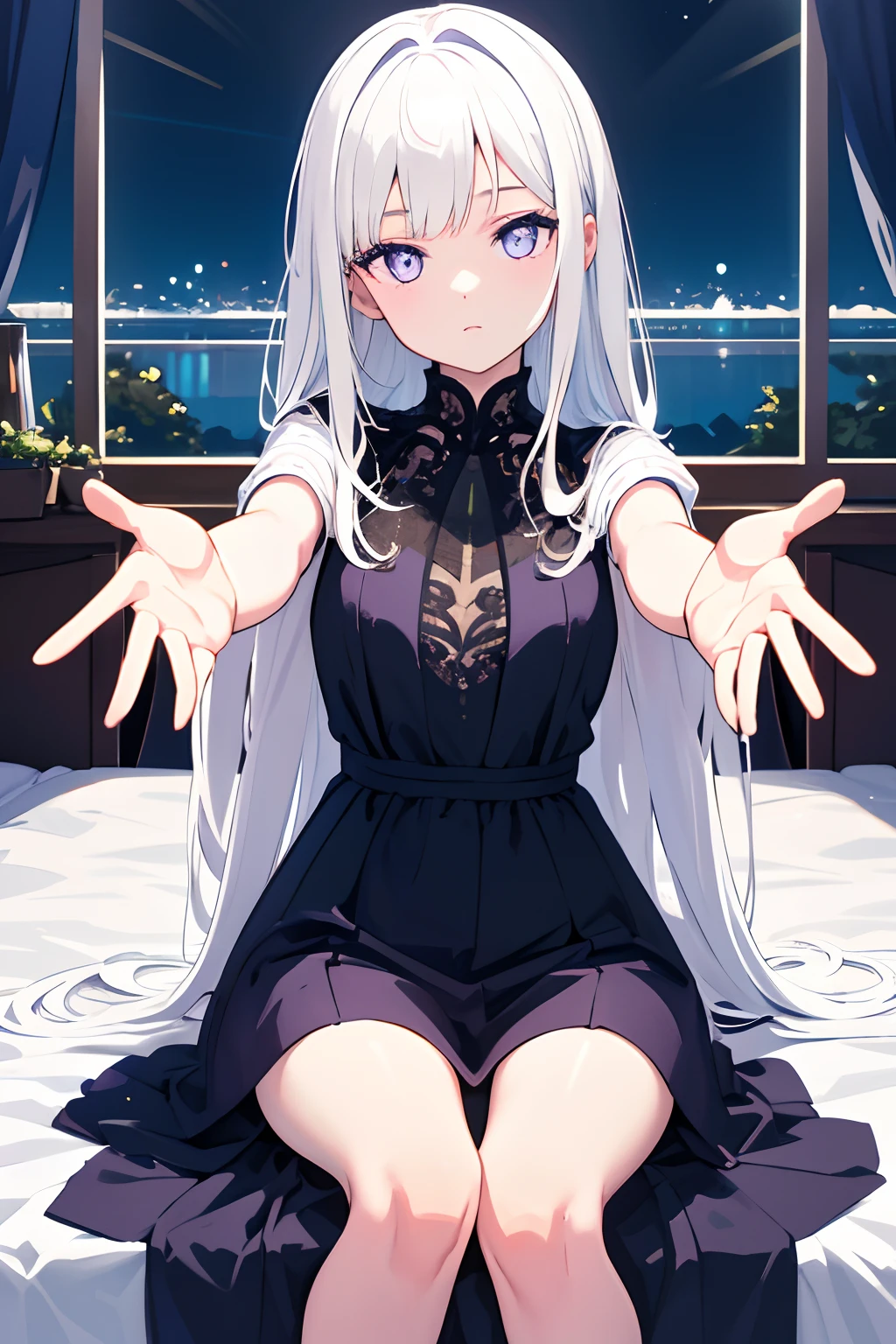 highres, highest quallity, illustration, cinematic light, ultra detailed, detailed face, (detailed eyes), best quality, hyper detailed, masterpiece, (detailed face),1girl, girl, white hair, purple eyes, highest details, luminous eyes, sitting in bed, sitting, bed, window, night sky, lake outside, moon, full moon, backlighting, light rays, (high contrast), (colorful),