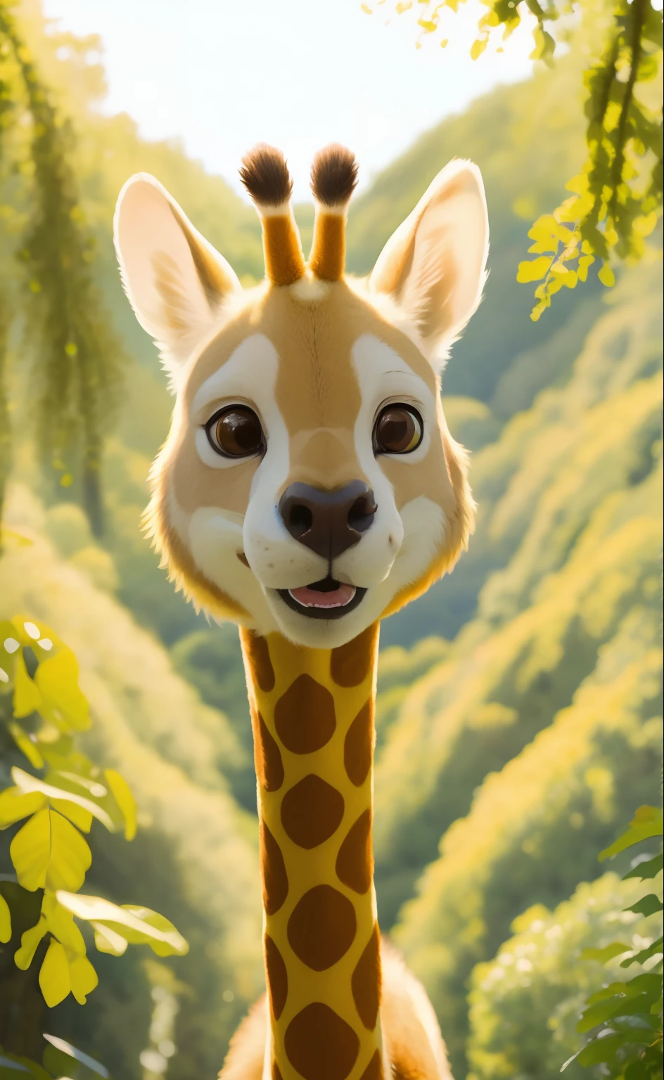 mammal, fur,  solo, cute giraffe,cross-eye, yellow body, yellow fur, plant, leaf, clothing, tuft, ambiguous gender, hi res, detailed background,  Brown spot,
portrait, looking at viewer, nature, bust portrait, fluffy,brown eyes, multicolored body,