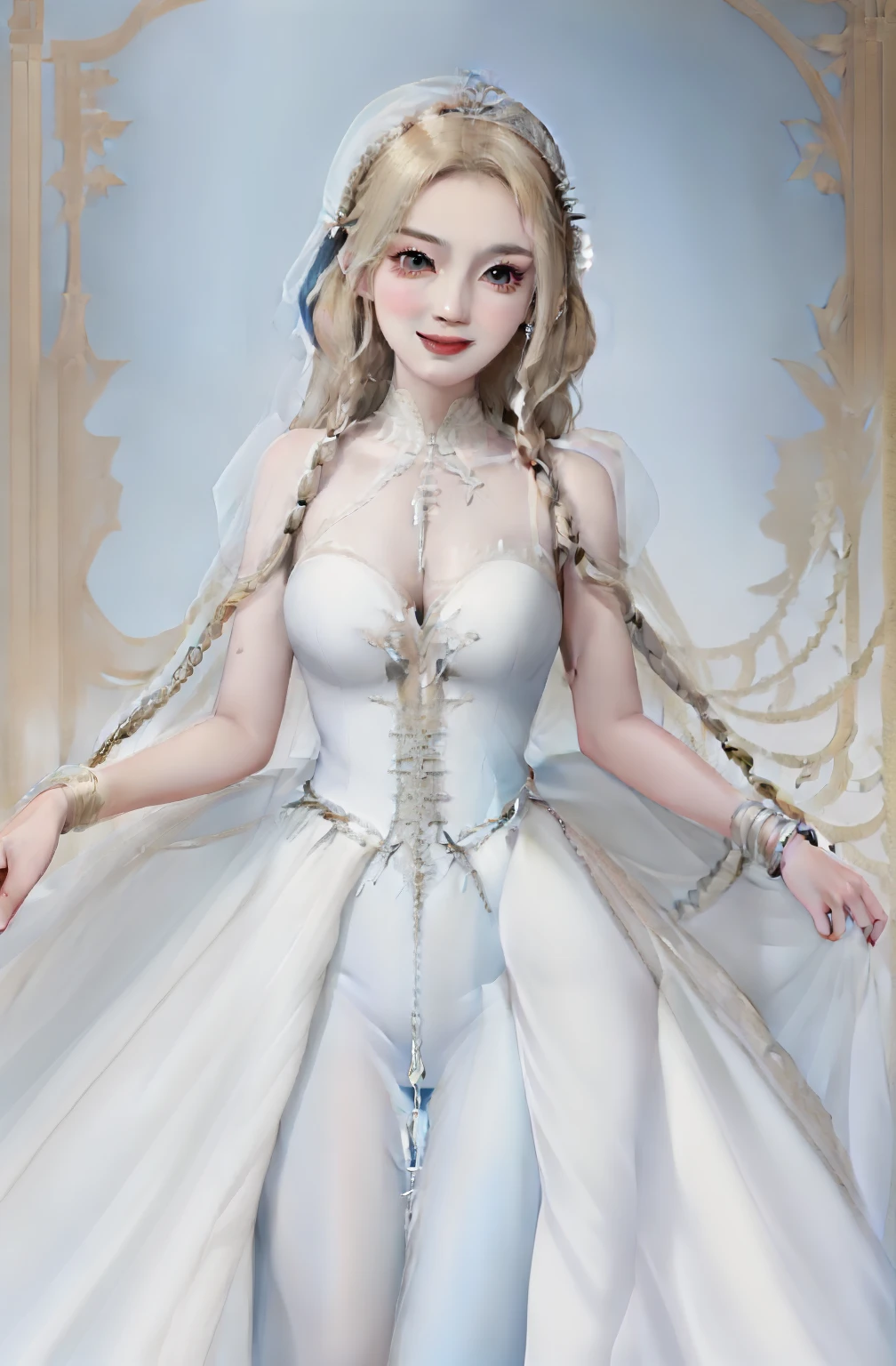 best quality, masterpiece, upper body,
adult woman, (light smile:0.6),
braided blonde hair,
aquamarine eyes,
see-through open gown,
snowy,