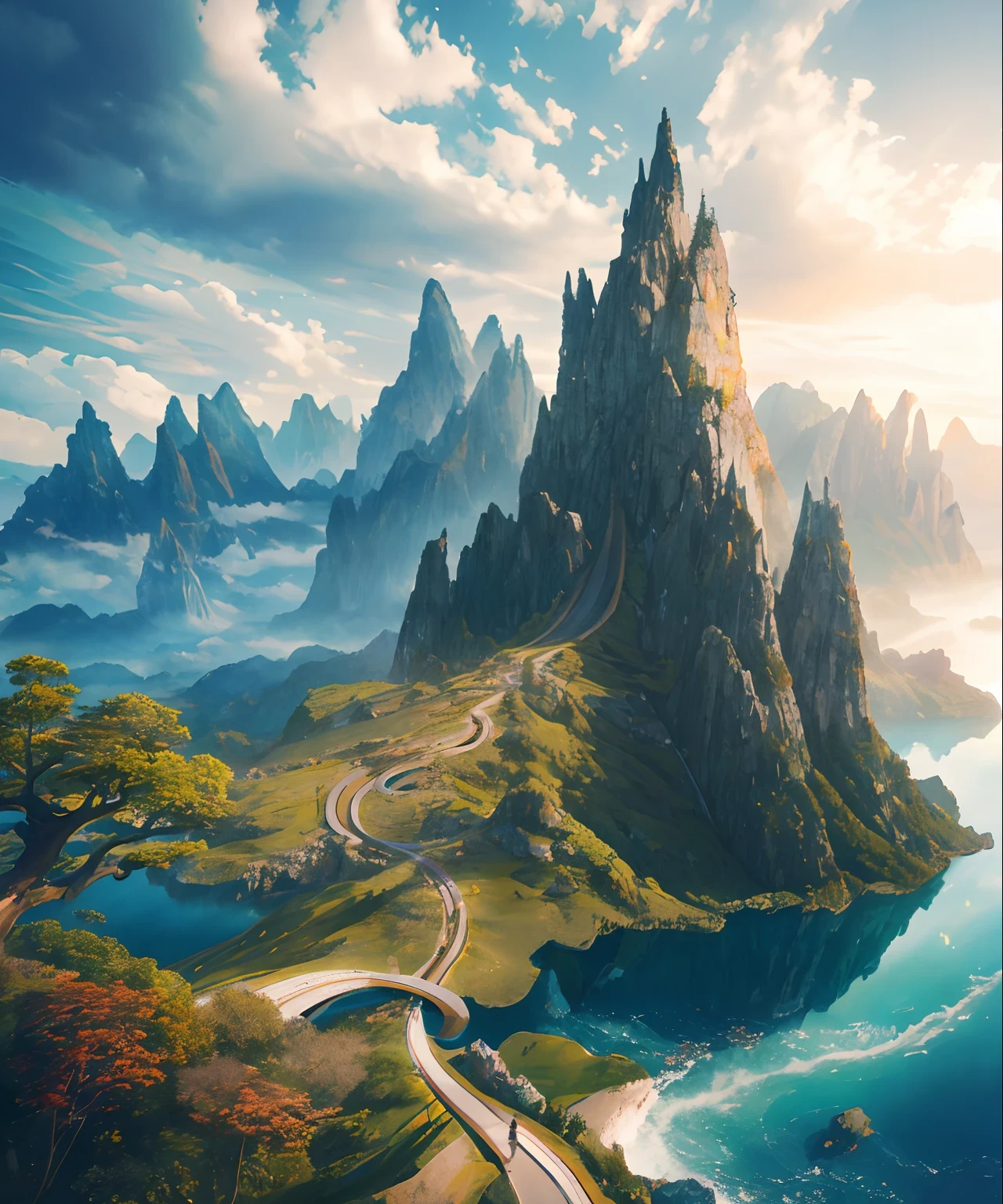 masterpiece, best quality, high quality, extremely detailed CG unity 8k wallpaper, scenery, outdoors, sky, cloud, day, no humans, mountain, landscape, water, tree, blue sky, waterfall, cliff, nature, lake, river, cloudy sky,award winning photography, Bokeh, Depth of Field, HDR, bloom, Chromatic Aberration ,Photorealistic,extremely detailed, trending on artstation, trending on CGsociety, Intricate, High Detail, dramatic, art by midjourney
