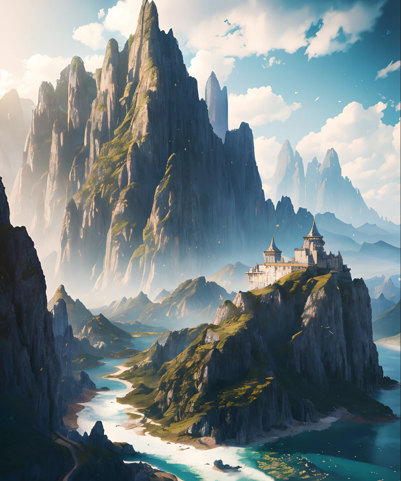 masterpiece, best quality, high quality, extremely detailed CG unity 8k wallpaper, scenery, outdoors, sky, cloud, day, no humans, mountain, landscape, water, tree, blue sky, waterfall, cliff, nature, lake, river, cloudy sky,award winning photography, Bokeh, Depth of Field, HDR, bloom, Chromatic Aberration ,Photorealistic,extremely detailed, trending on artstation, trending on CGsociety, Intricate, High Detail, dramatic, art by midjourney