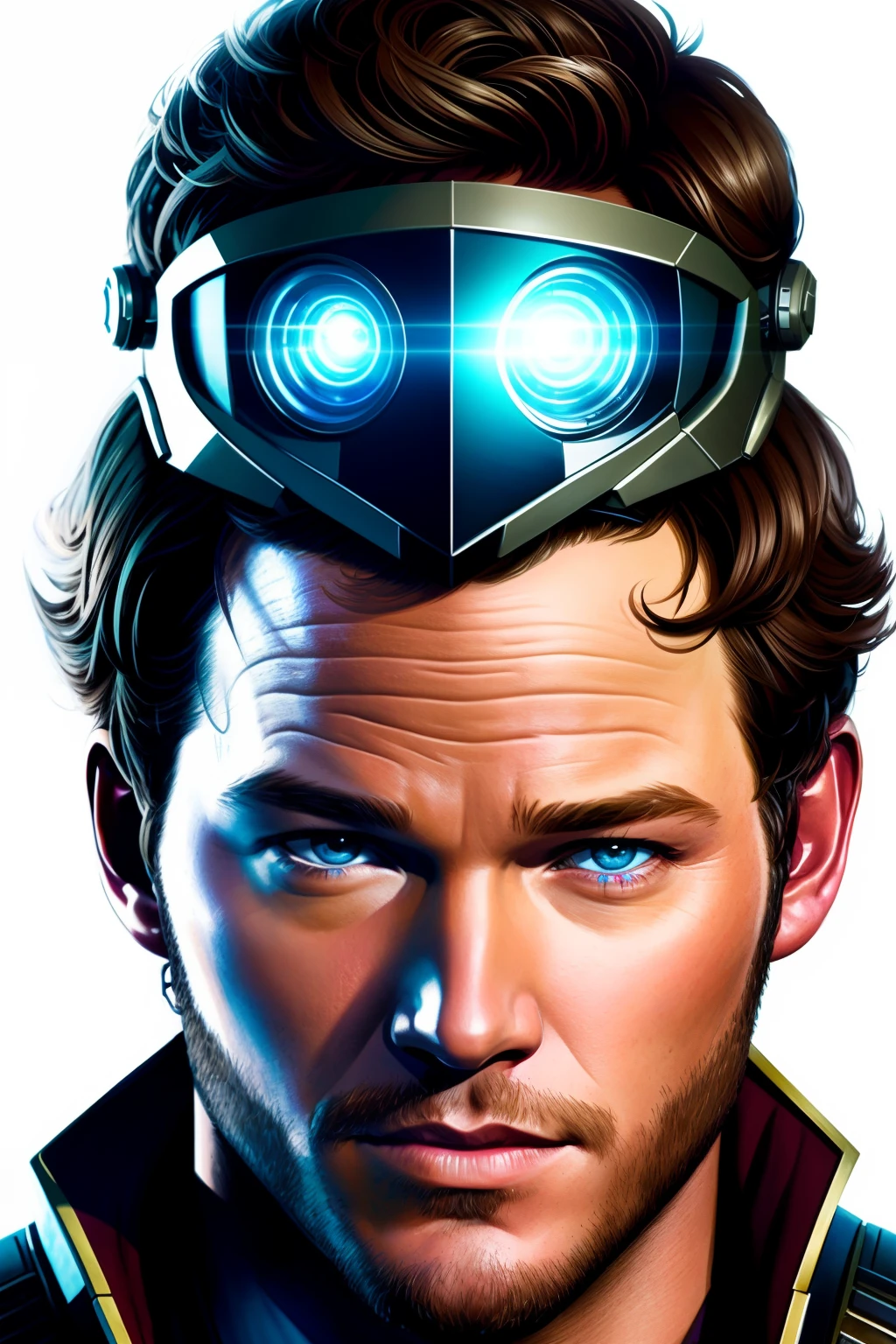 Realistic portraits of a star lord chris pratt by Greg Rutkowski, realistic eyes, intricate details, skin pores, realistic skin, photorealism, photography, high quality, 32K, detailed portrait, digital painting, artstation, concept art, smooth, sharp foccus ilustration, Artstation HQ.