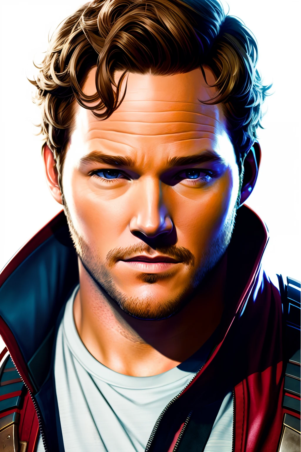 Realistic portraits of a star lord chris pratt by Greg Rutkowski, realistic eyes, intricate details, skin pores, realistic skin, photorealism, photography, high quality, 32K, detailed portrait, digital painting, artstation, concept art, smooth, sharp foccus ilustration, Artstation HQ.