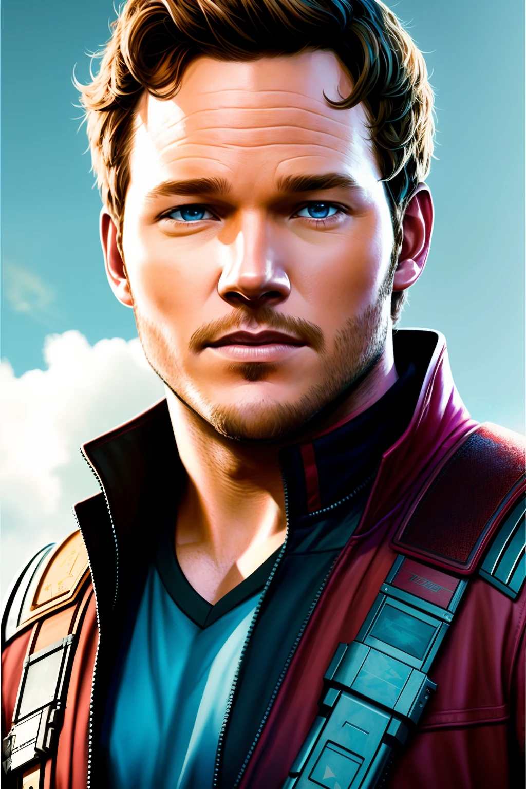 Realistic portraits of a star lord chris pratt by Greg Rutkowski, realistic eyes, intricate details, skin pores, realistic skin, photorealism, photography, high quality, 32K, detailed portrait, digital painting, artstation, concept art, smooth, sharp foccus ilustration, Artstation HQ.