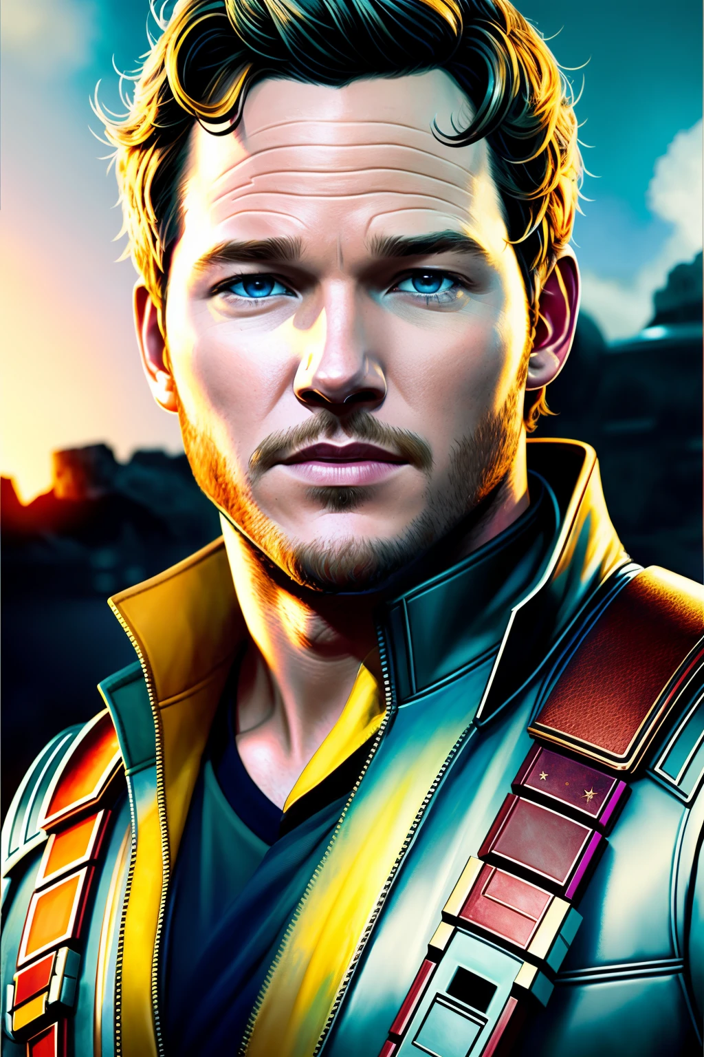Realistic portraits of a star lord chris pratt by Greg Rutkowski, realistic eyes, intricate details, skin pores, realistic skin, photorealism, photography, high quality, 32K, detailed portrait, digital painting, artstation, concept art, smooth, sharp foccus ilustration, Artstation HQ.