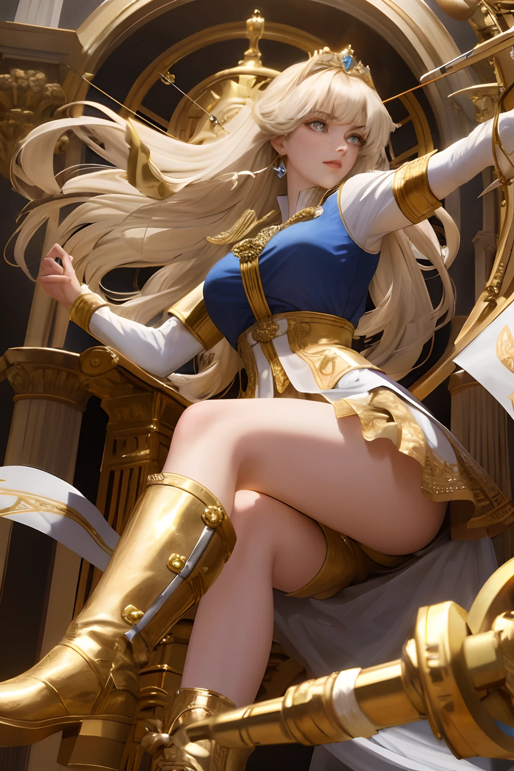 8k, best quality, masterpiece, highly detailed, semi realistic, 1 girl, young female, 19 years old, golden long hair, right eye covered by Bangs, blue right eye, jewelry crown, palace style white and gold short skirts, golden iron boots, slim figure, holding a sword,Bow and arrow, holding a bow and arrow, shooting arrows,