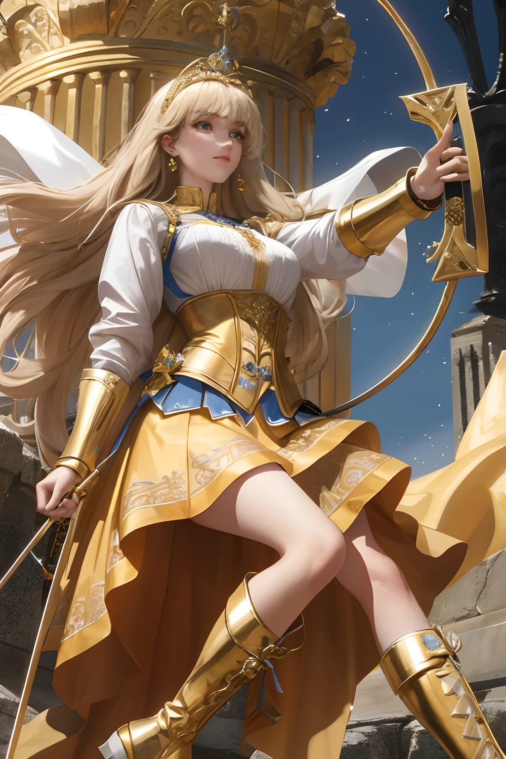 8k, best quality, masterpiece, highly detailed, semi realistic, 1 girl, young female, 19 years old, golden long hair, right eye covered by Bangs, blue right eye, jewelry crown, palace style white and gold short skirts, golden iron boots, slim figure, holding a sword,Bow and arrow, holding a bow and arrow, shooting arrows,