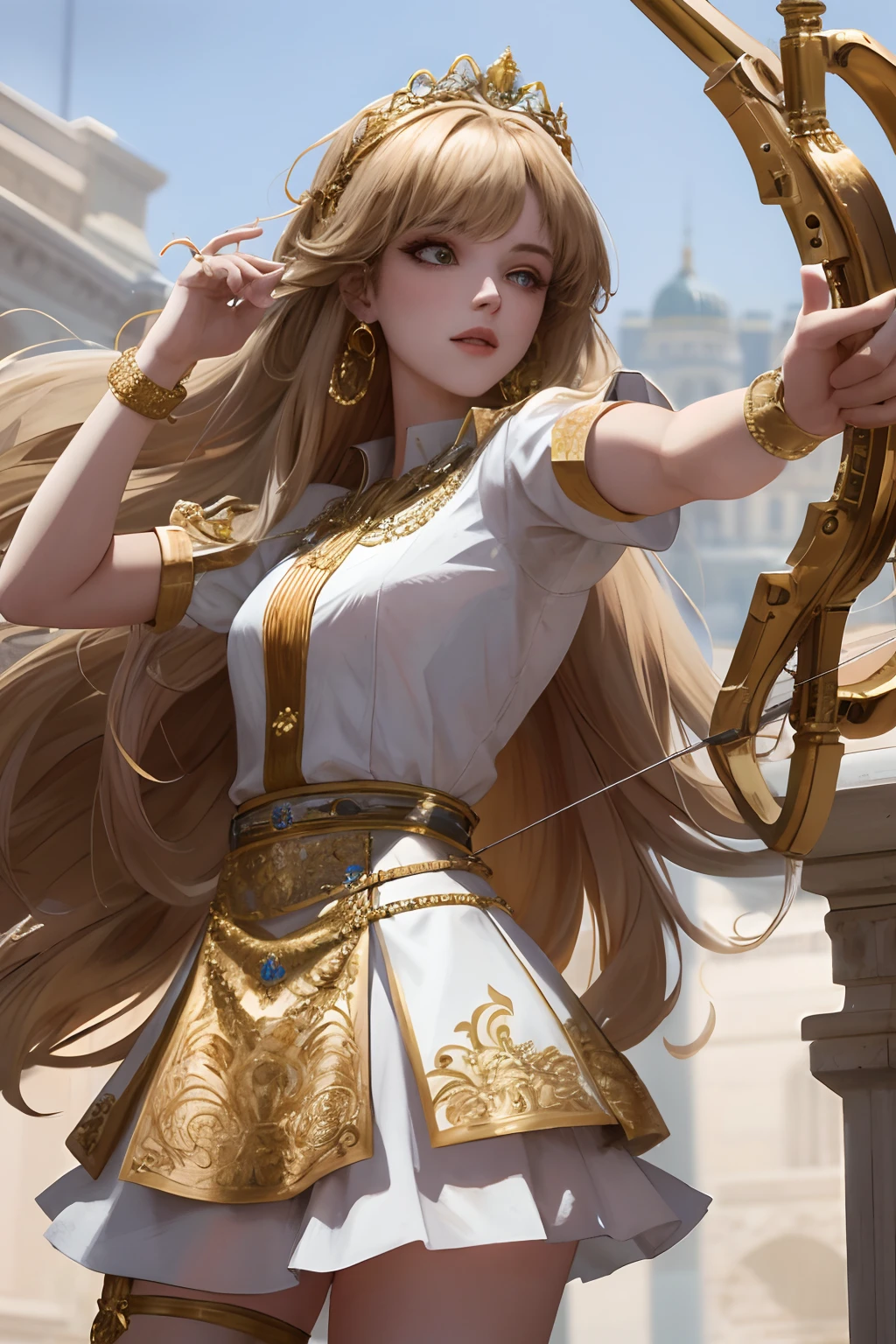 8k, the best quality, masterpiece, highly detailed, semi realistic, 1 girl, young female, 19 years old, with golden long hair and right eye covered by bangs, blue right eye, jewelry crown, palace style white and gold short skirts, slim figure, archery, holding a bow, archery,
