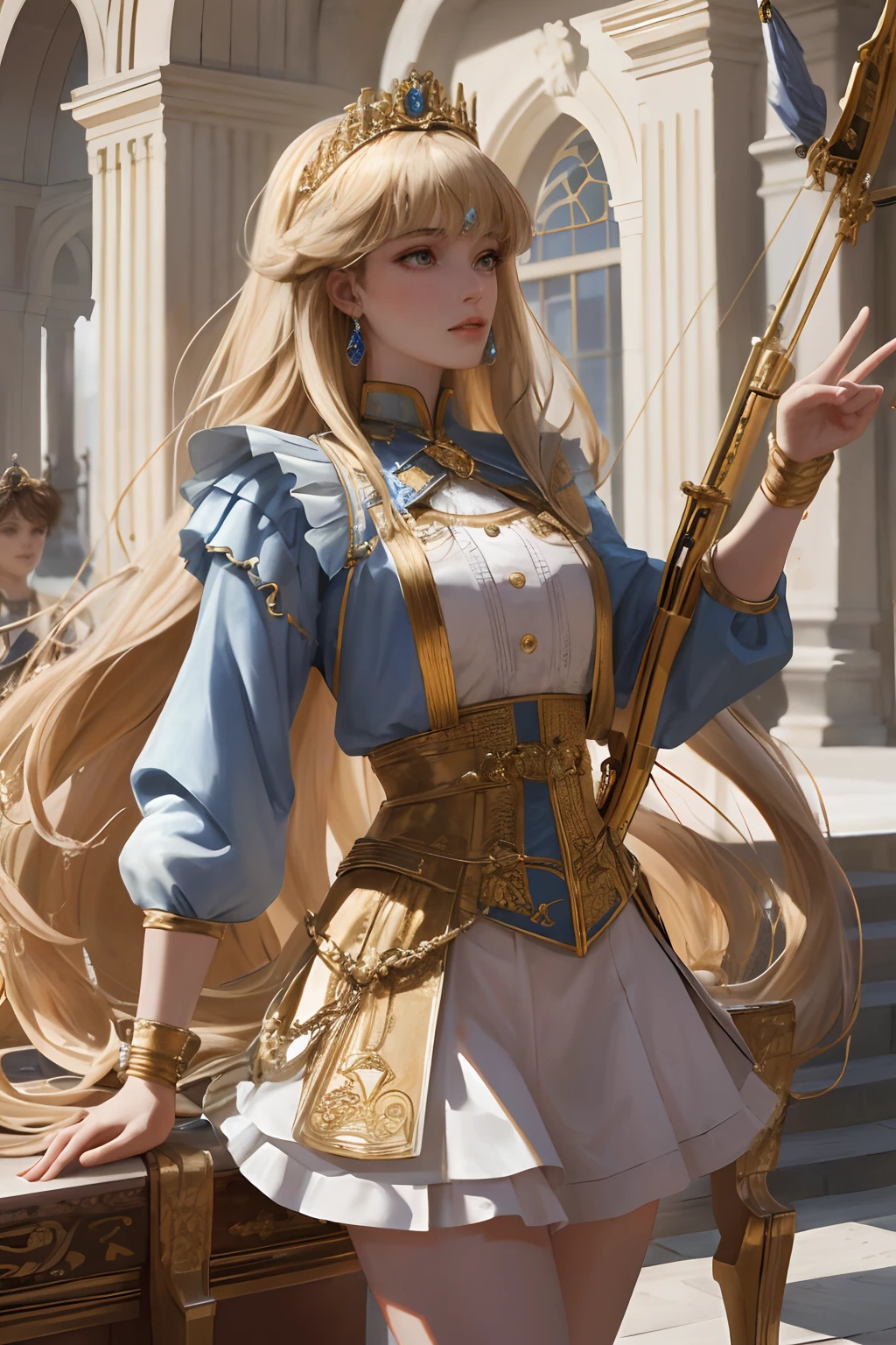 8k, the best quality, masterpiece, highly detailed, semi realistic, 1 girl, young female, 19 years old, with golden long hair and right eye covered by bangs, blue right eye, jewelry crown, palace style white and gold short skirts, slim figure, archery, holding a bow, archery,