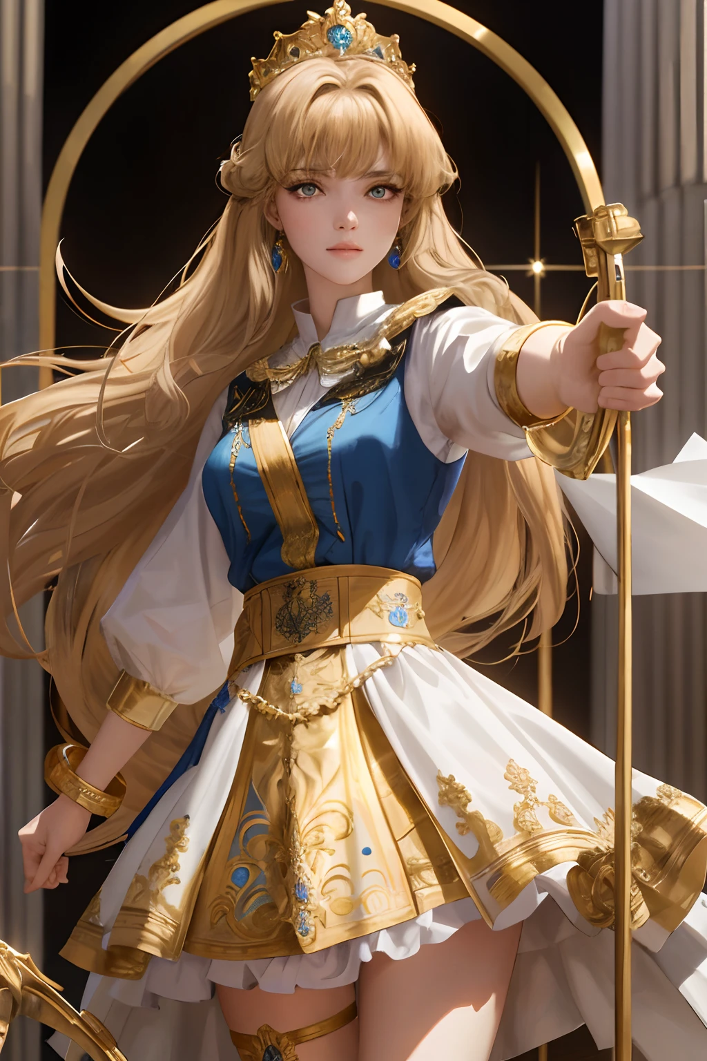 8k, the best quality, masterpiece, highly detailed, semi realistic, 1 girl, young female, 19 years old, with golden long hair and right eye covered by bangs, blue right eye, jewelry crown, palace style white and gold short skirts, slim figure, archery, holding a bow, archery,