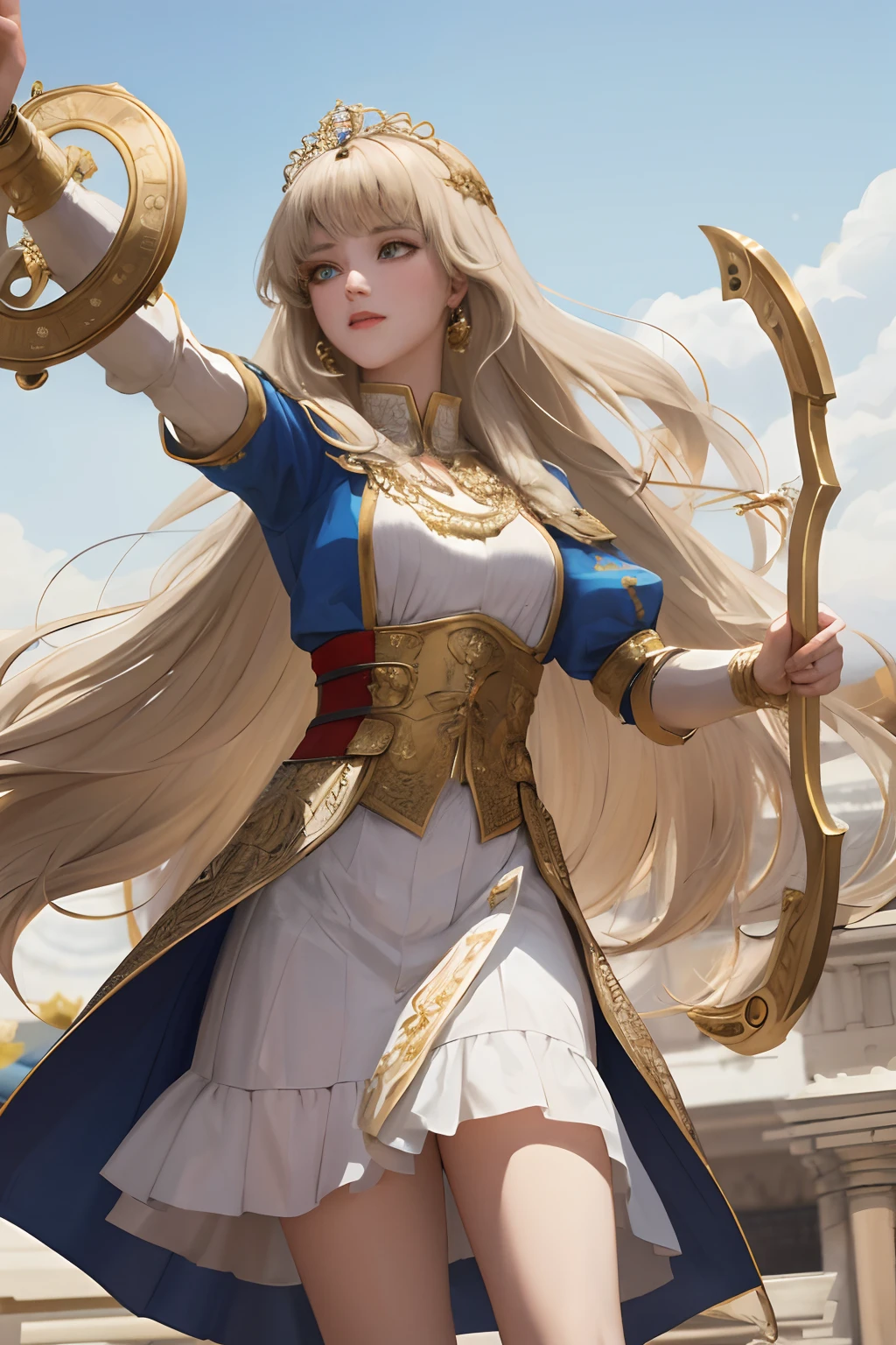 8k, the best quality, masterpiece, highly detailed, semi realistic, 1 girl, young female, 19 years old, with golden long hair and right eye covered by bangs, blue right eye, jewelry crown, palace style white and gold short skirts, slim figure, archery, holding a bow, archery,