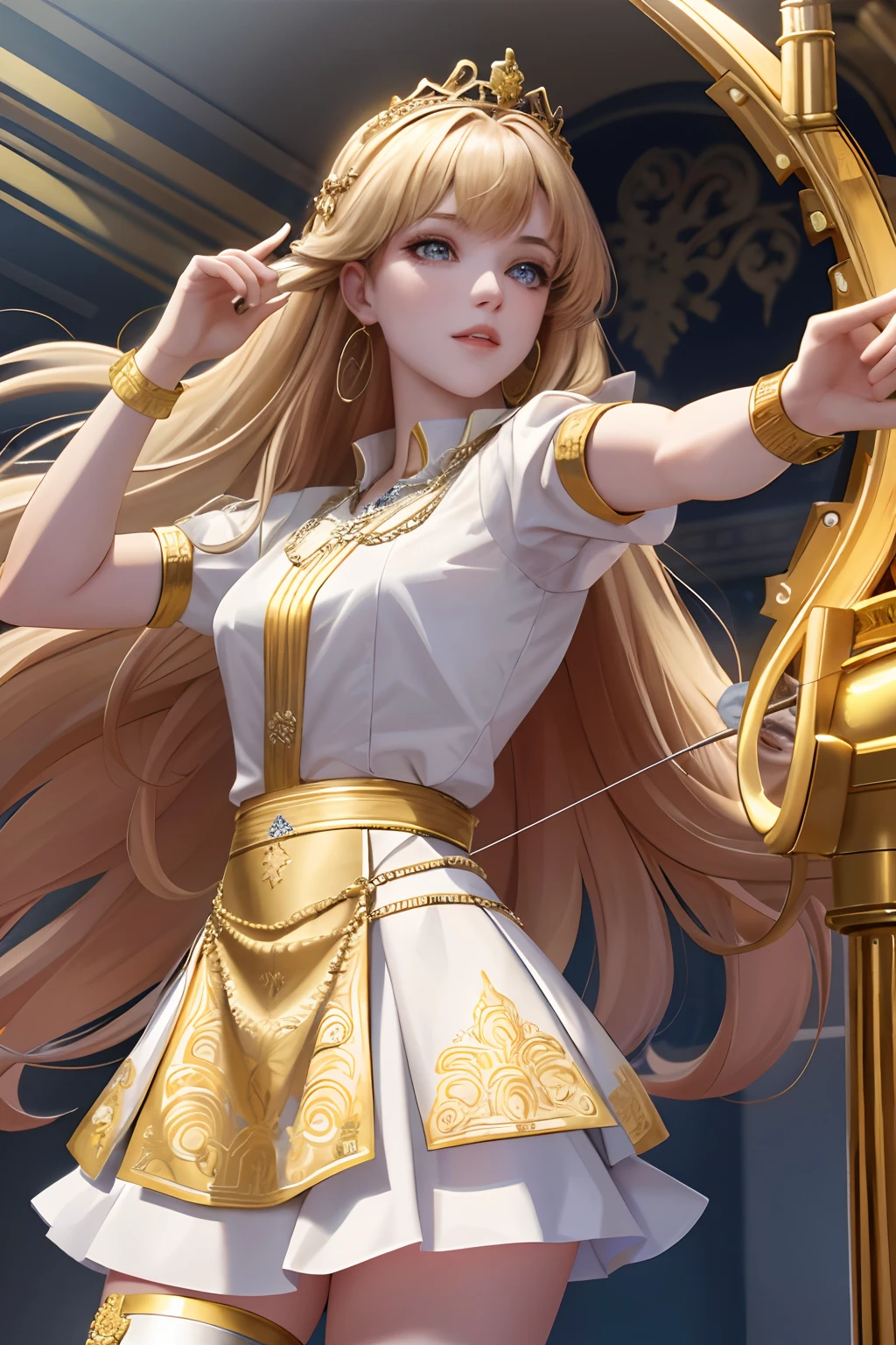 8k, the best quality, masterpiece, highly detailed, semi realistic, 1 girl, young female, 19 years old, with golden long hair and right eye covered by bangs, blue right eye, jewelry crown, palace style white and gold short skirts, slim figure, archery, holding a bow, archery,