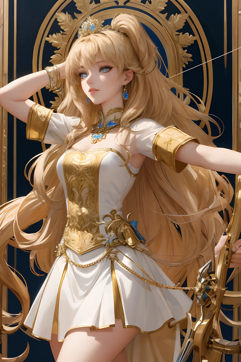8k, the best quality, masterpiece, highly detailed, semi realistic, 1 girl, young female, 19 years old, with golden long hair and right eye covered by bangs, blue right eye, jewelry crown, palace style white and gold short skirts, slim figure, archery, holding a bow, archery,