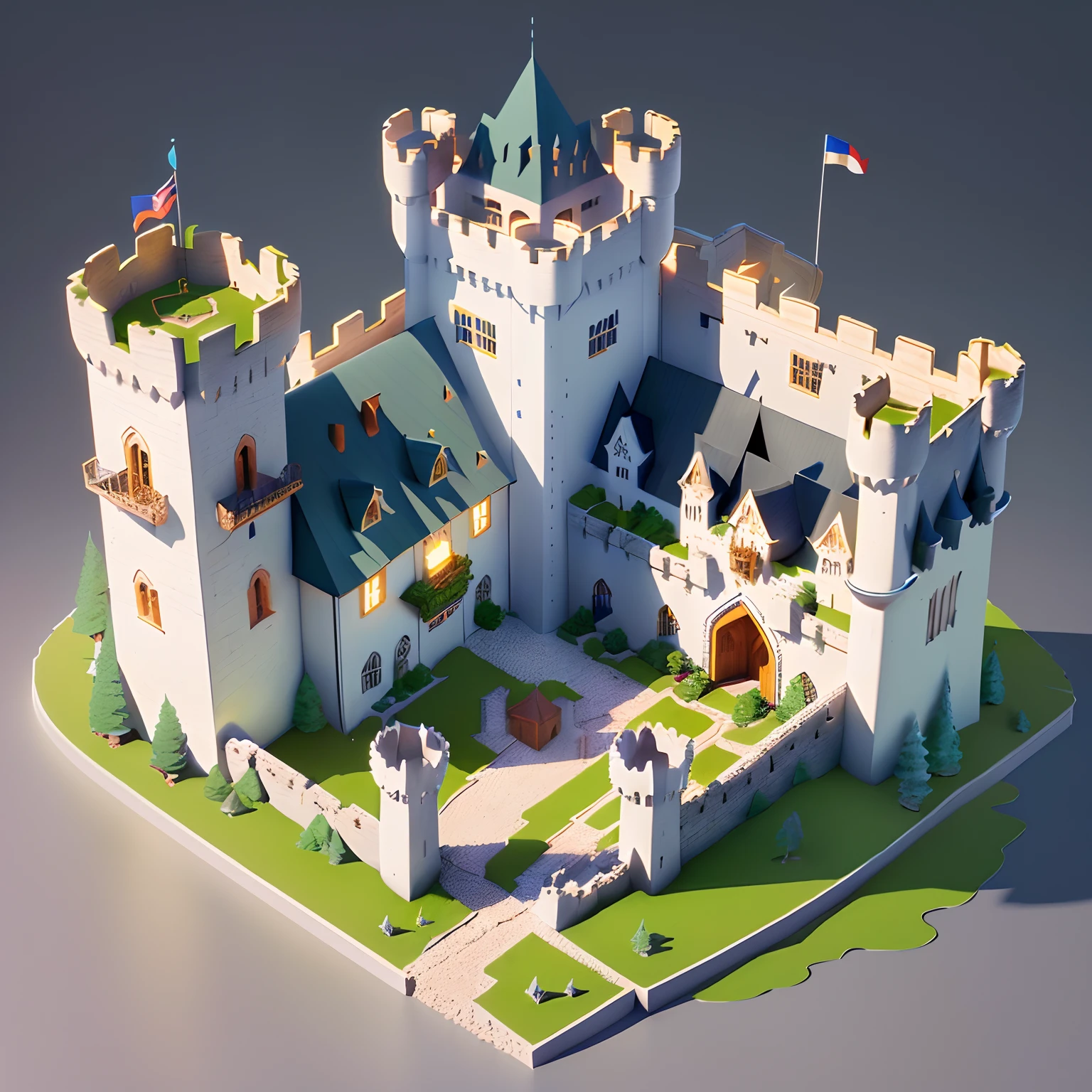 Isometric House,Plain white background, best quality, ((low polygon)),(extremely detailed CG unity 8k wallpaper), (best quality), (best illustration), (best shadow),((Middle Ages castles)),stone walls,watchtowers,decorative arts,frescoes,treasuries,crowns,dragons,octane render,ray tracing,ultra detailed