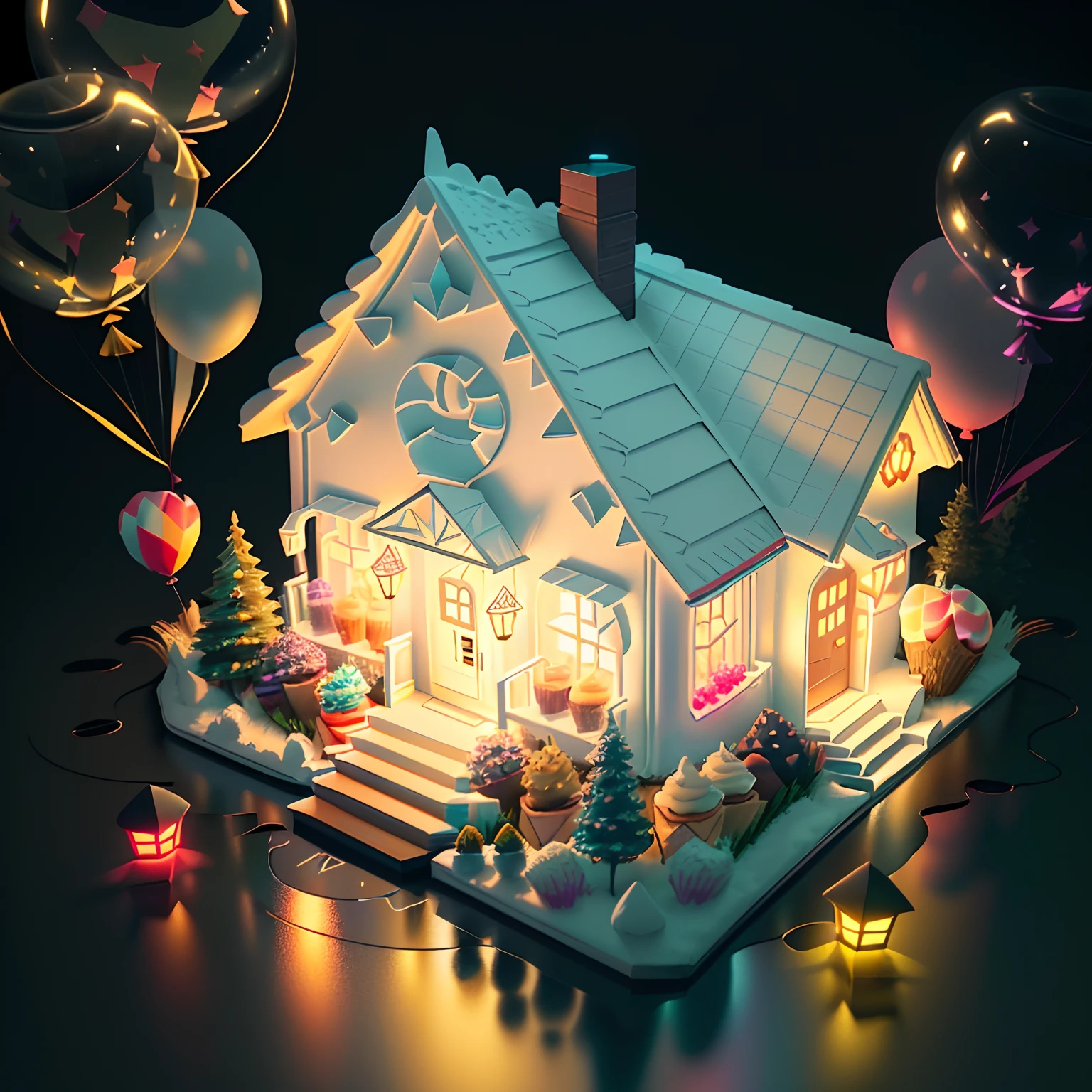 Isometric House,Plain white background, best quality, ((low polygon)),(extremely detailed CG unity 8k wallpaper), (best quality), (best illustration), (best shadow),Love lights, red,((colorful balloons)),floral decorations,anniversary plaques,((candlelight)),((desserts)),romance,octane render,ray tracing,ultra detailed