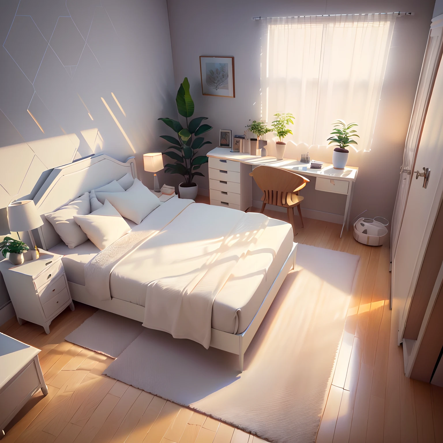 Isometric room,Plain white background, best quality, ((low polygon)),(extremely detailed CG unity 8k wallpaper), (best quality), (best illustration), (best shadow),((Bedroom)), cream style,Pastel tones, light curtains, carpets,wardrobe,cotton and linen sheets, wooden furniture, soft light, plants, paintings, vases,octane render,ray tracing,ultra detailed