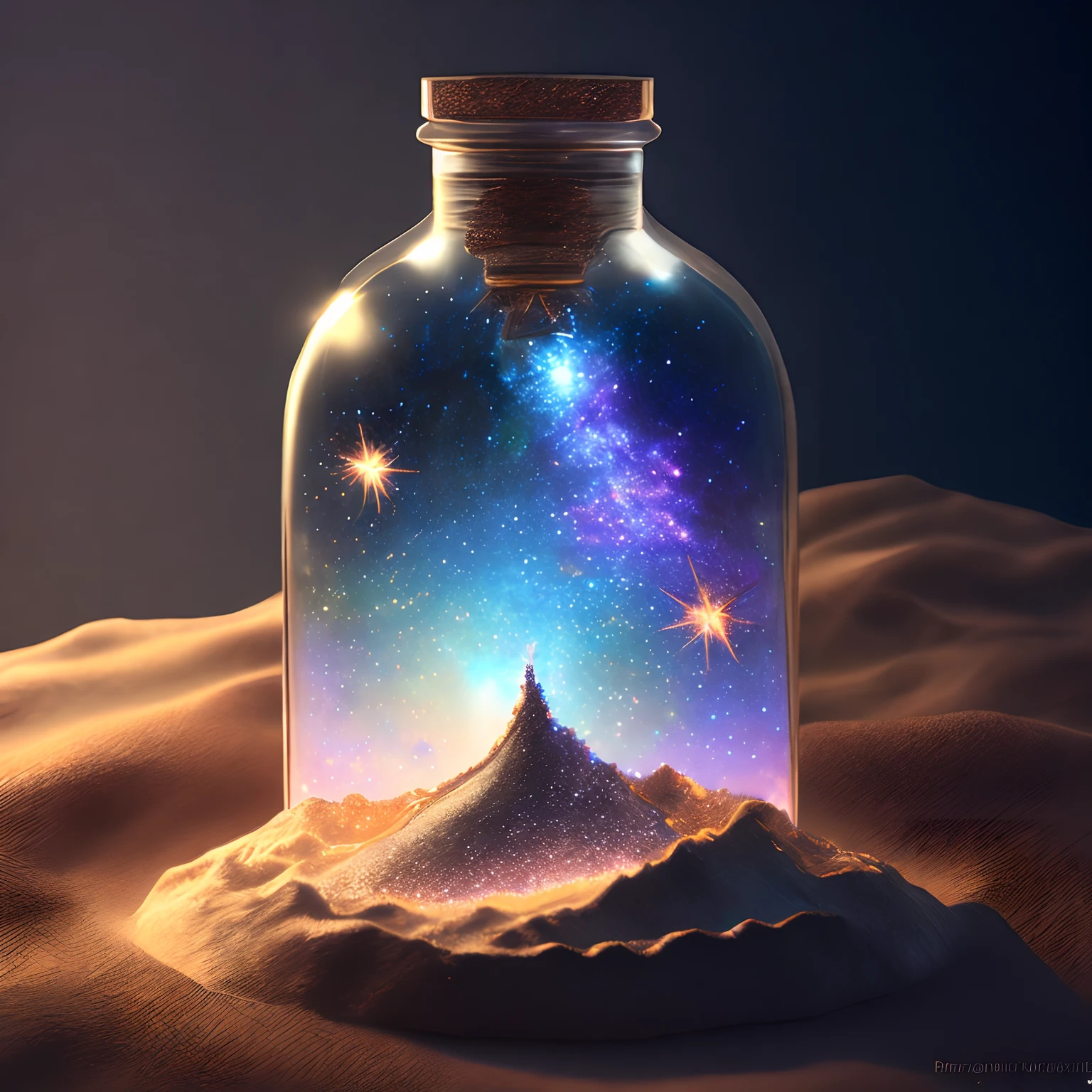 glass bottle sitting on top of a table| a photorealistic painting| pixels| conceptual art| stars and galaxies| highly detailed perfect render| light effect| modern fantasy| glittering multiversal ornaments| universe in a grain of sand| photo manipulation| beautiful composition