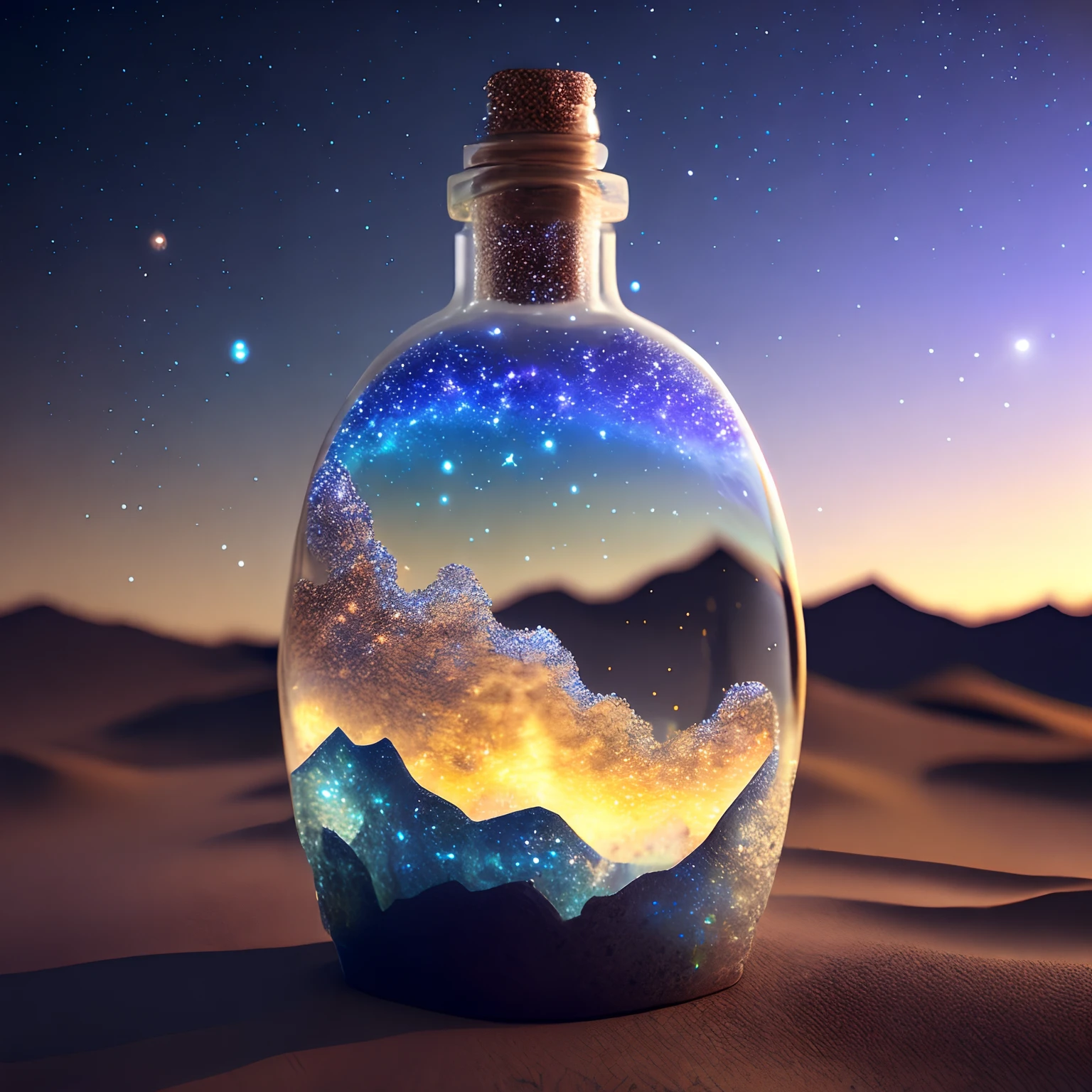 glass bottle sitting on top of a table| a photorealistic painting| pixels| conceptual art| stars and galaxies| highly detailed perfect render| light effect| modern fantasy| glittering multiversal ornaments| universe in a grain of sand| photo manipulation| beautiful composition