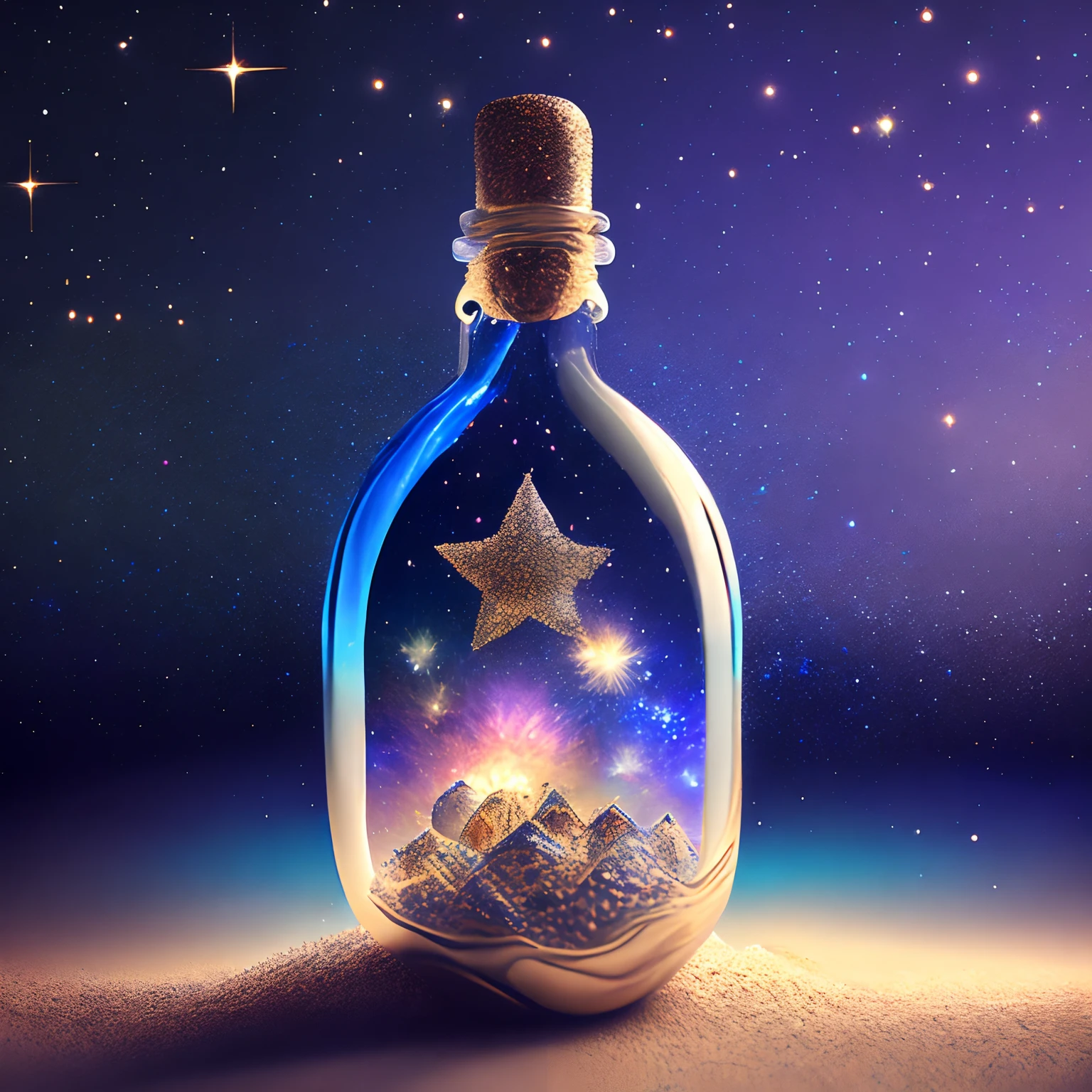 glass bottle sitting on top of a table| a photorealistic painting| pixels| conceptual art| stars and galaxies| highly detailed perfect render| light effect| modern fantasy| glittering multiversal ornaments| universe in a grain of sand| photo manipulation| beautiful composition