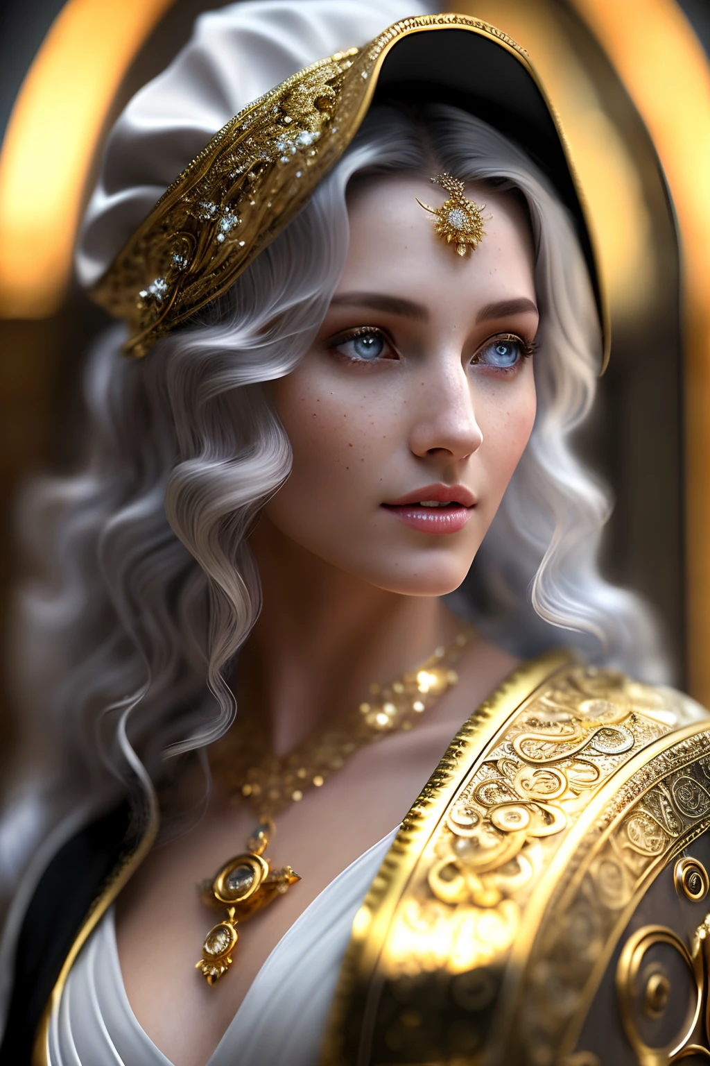 (glamorous) scene, angelic, elven, white hair, golden accessories, dainty clothing, refined features, blue eyes, white furthur
(((ultradetaled elegant, beautiful face))), (jewelry) ,white skin, (((black robe))), (no makeup), , (((huge breast))),((cleavage)),(((breast and hide))),((long blond curly hair))
,(((ancient church on background)))
barely legal, sexy pose, magical atmosphere,(full body), (detailed skin, skin texture), (intricately detailed, fine details, hyperdetailed)
High detail RAW color art, photorealistic, raytracing, subsurface scattering, diffused soft lighting, shallow depth of field, by (Oliver Wetter), by Leonardo da Vinci, photographed on a Canon EOS R5, 28mm lens, F/2.8, sharp focus bokeh
