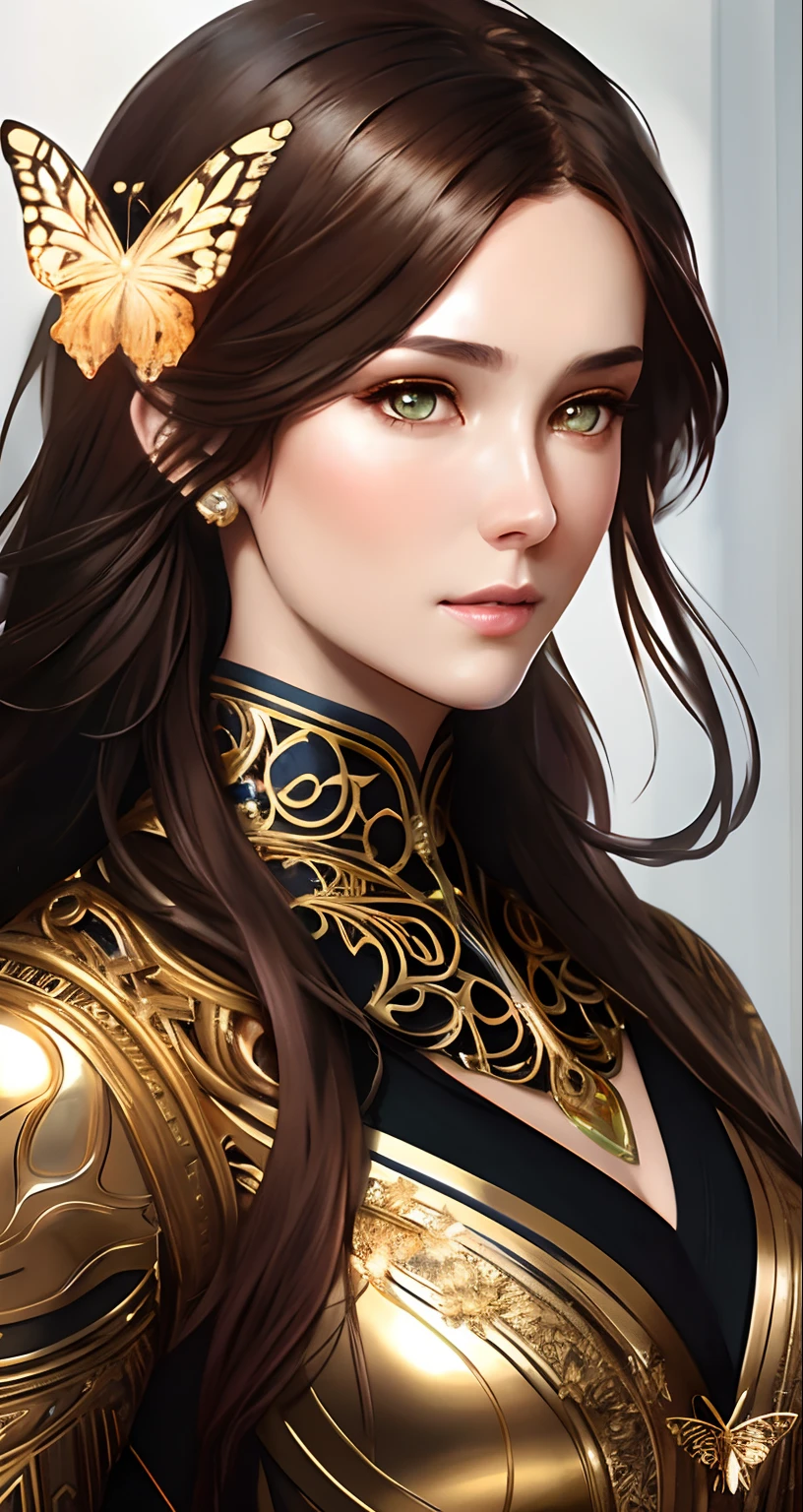 8k portrait of beautiful cyborg with brown hair, intricate, elegant, highly detailed, majestic, digital photography, art by artgerm and ruan jia and greg rutkowski surreal painting gold butterfly filigree, broken glass, (masterpiece, sidelighting, finely detailed beautiful eyes: 1.2), hdr