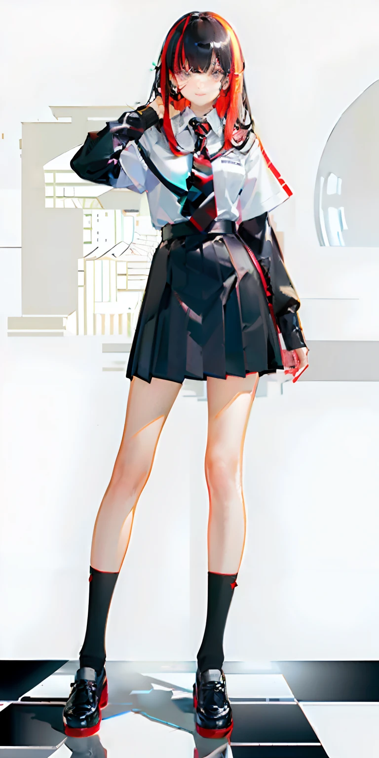 (Masterpiece, Best Quality), 1 girl, 18 years old, mature female, golden long hair, bangs covering right eye, white uniform top, black and red striped tie, red and black checkered pleated skirt, black calf socks, leather shoes,