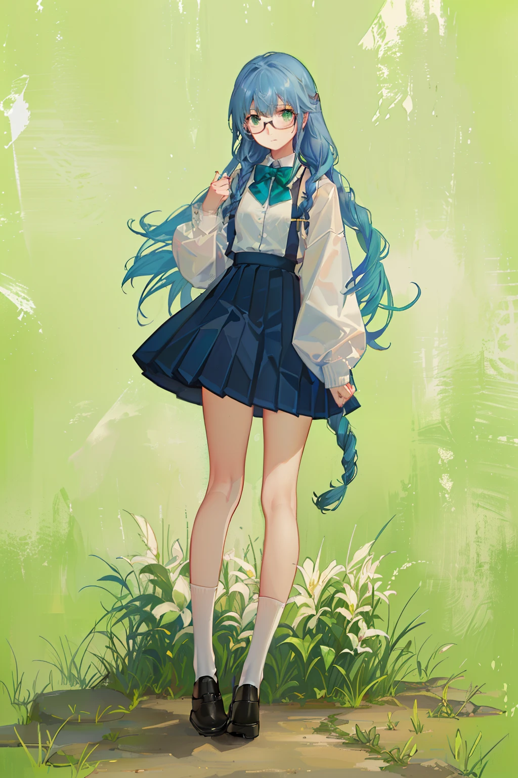 1 girl, 18 years old, girl, light green long hair, double Fried Dough Twists braids, Fried Dough Twists braids hanging from behind the ears to the chest, white uniform, dark blue bow tie. Dark blue pleated skirt, black short socks, leather shoes, glasses