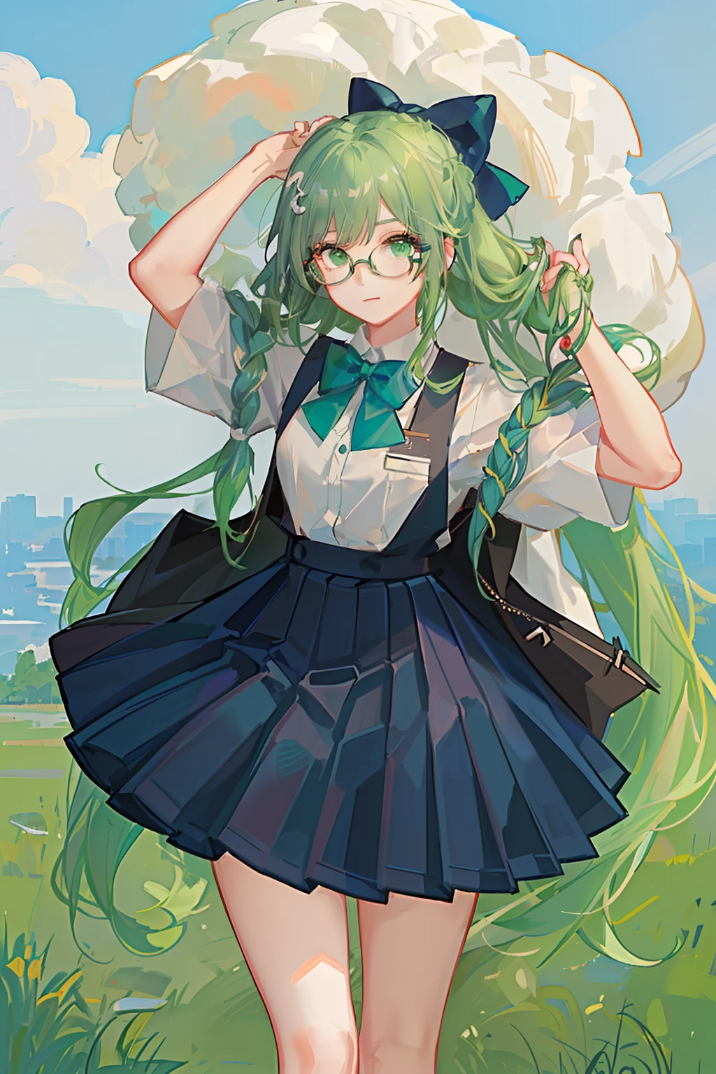 4K, best quality, 1 girl, 18 years old, green long hair, light green hair, double Fried Dough Twists braids, Fried Dough Twists braids tied behind both ears, all hair tied with Fried Dough Twists braids, white uniform, dark blue bow tie. Dark blue pleated skirt, glasses, vitality, vitality, girl, school