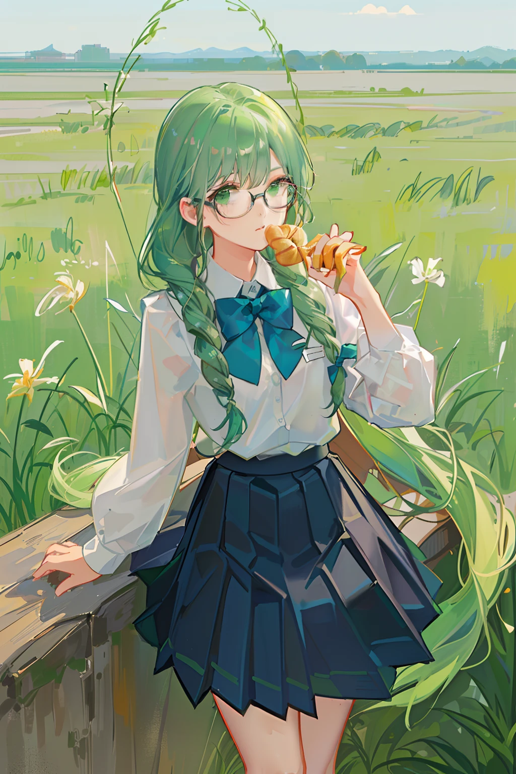 4K, best quality, 1 girl, 18 years old, green long hair, light green hair, double Fried Dough Twists braids, Fried Dough Twists braids tied behind both ears, all hair tied with Fried Dough Twists braids, white uniform, dark blue bow tie. Dark blue pleated skirt, strap on skirt, glasses, vitality, vitality, girl, school