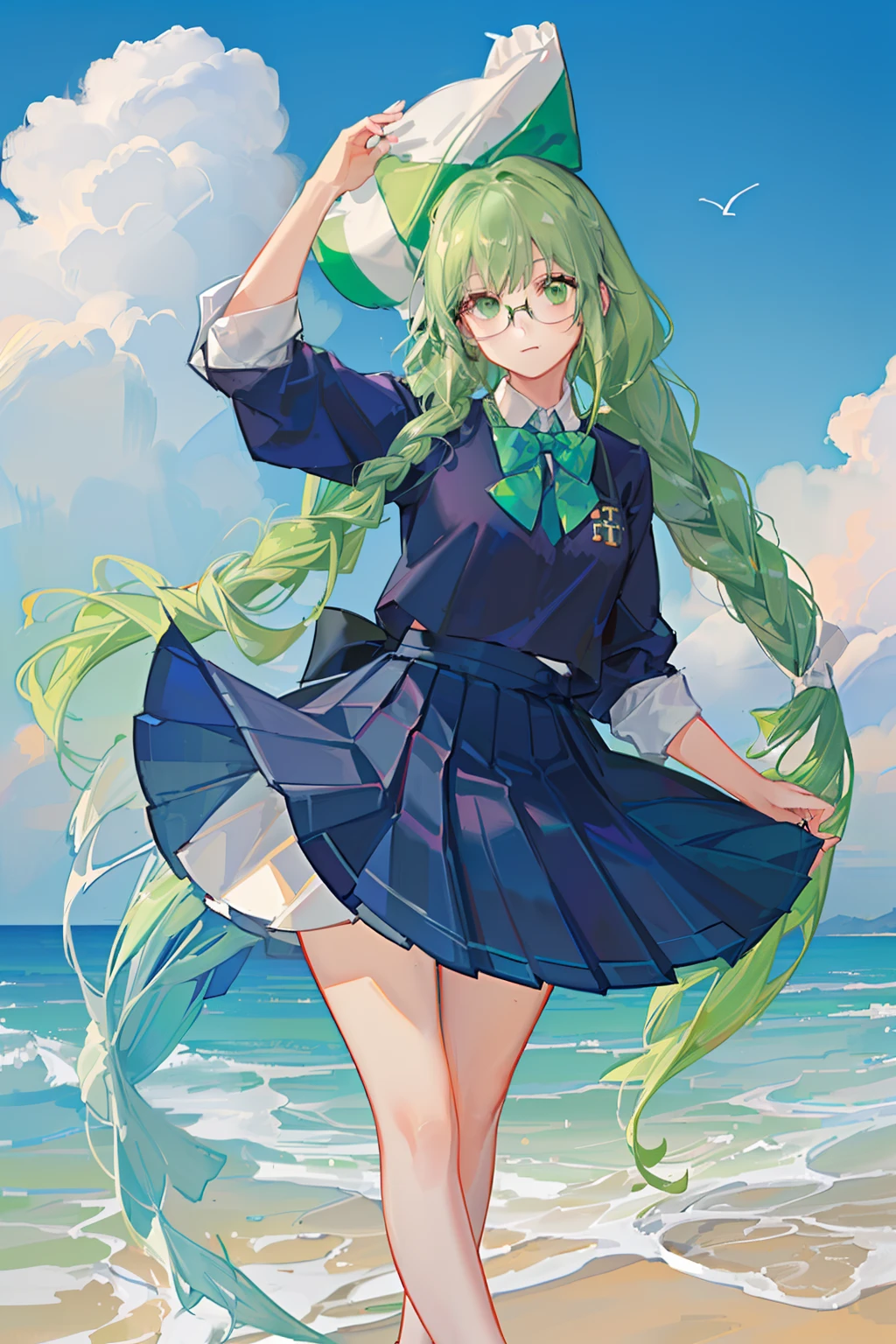4K, best quality, 1 girl, 18 years old, green long hair, light green hair, double Fried Dough Twists braids, Fried Dough Twists braids tied behind both ears, all hair tied with Fried Dough Twists braids, white uniform, dark blue bow tie. Dark blue pleated skirt, strap on skirt, glasses, vitality, vitality, girl, school