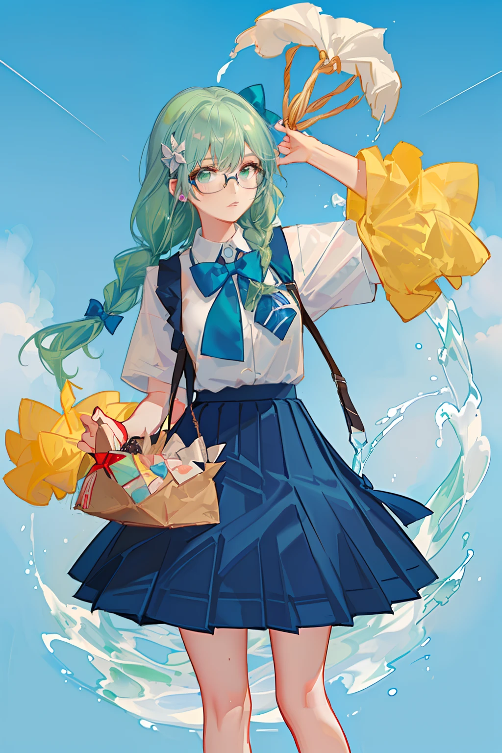 4K, best quality, 1 girl, 18 years old, light green hair, double Fried Dough Twists braids, Fried Dough Twists braids tied behind both ears, dark blue bow tie. Deep blue pleated skirt, strap on skirt, glasses, vitality, vitality, girl, campus, in the campus